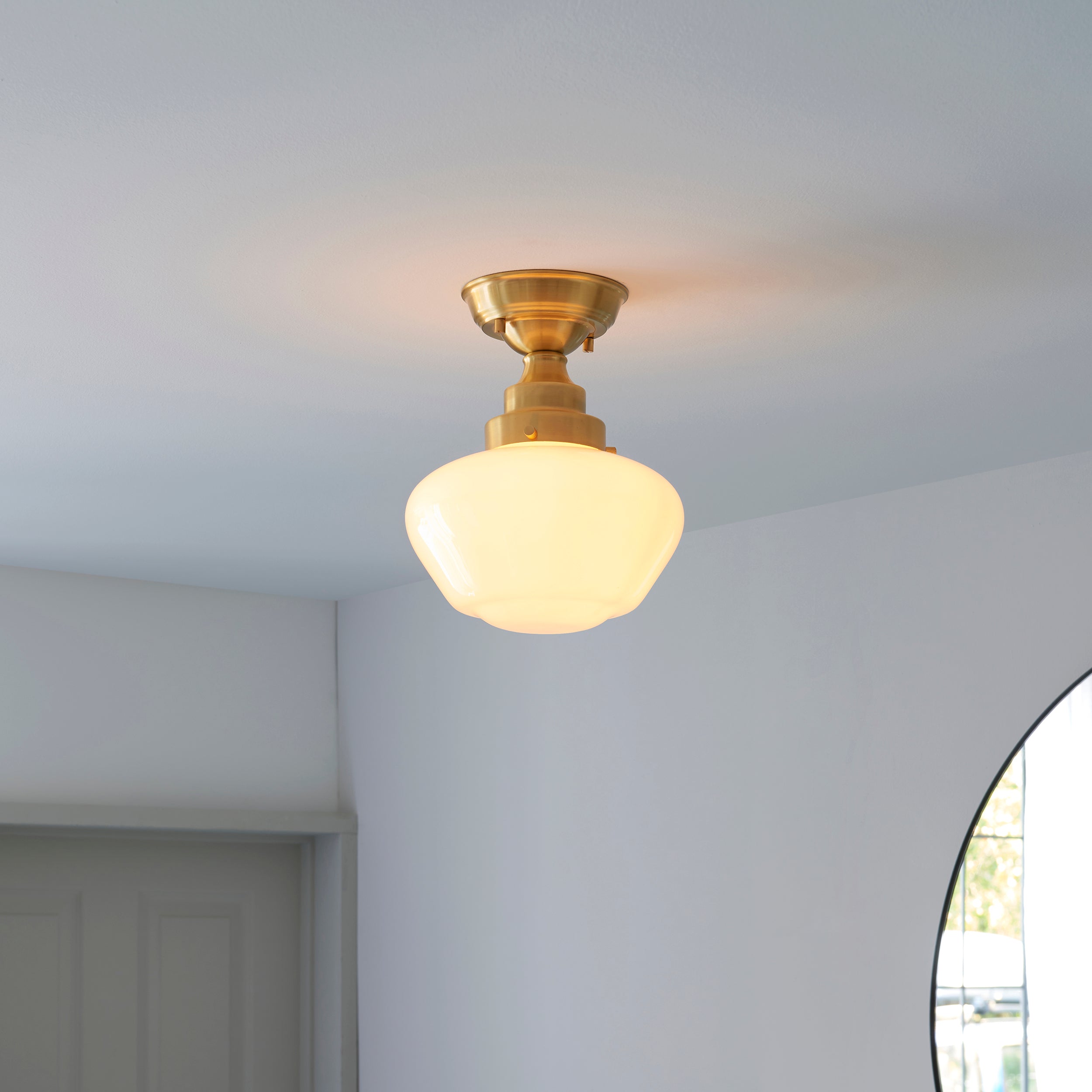 Camberley Brass & Opal Glass School House Semi Flush Ceiling Light
