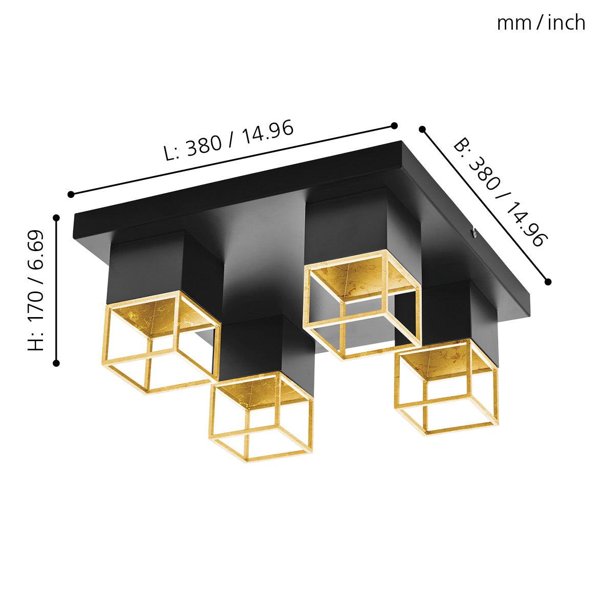 eglo montebaldo led black and gold square 4 light ceiling flush living room close up
