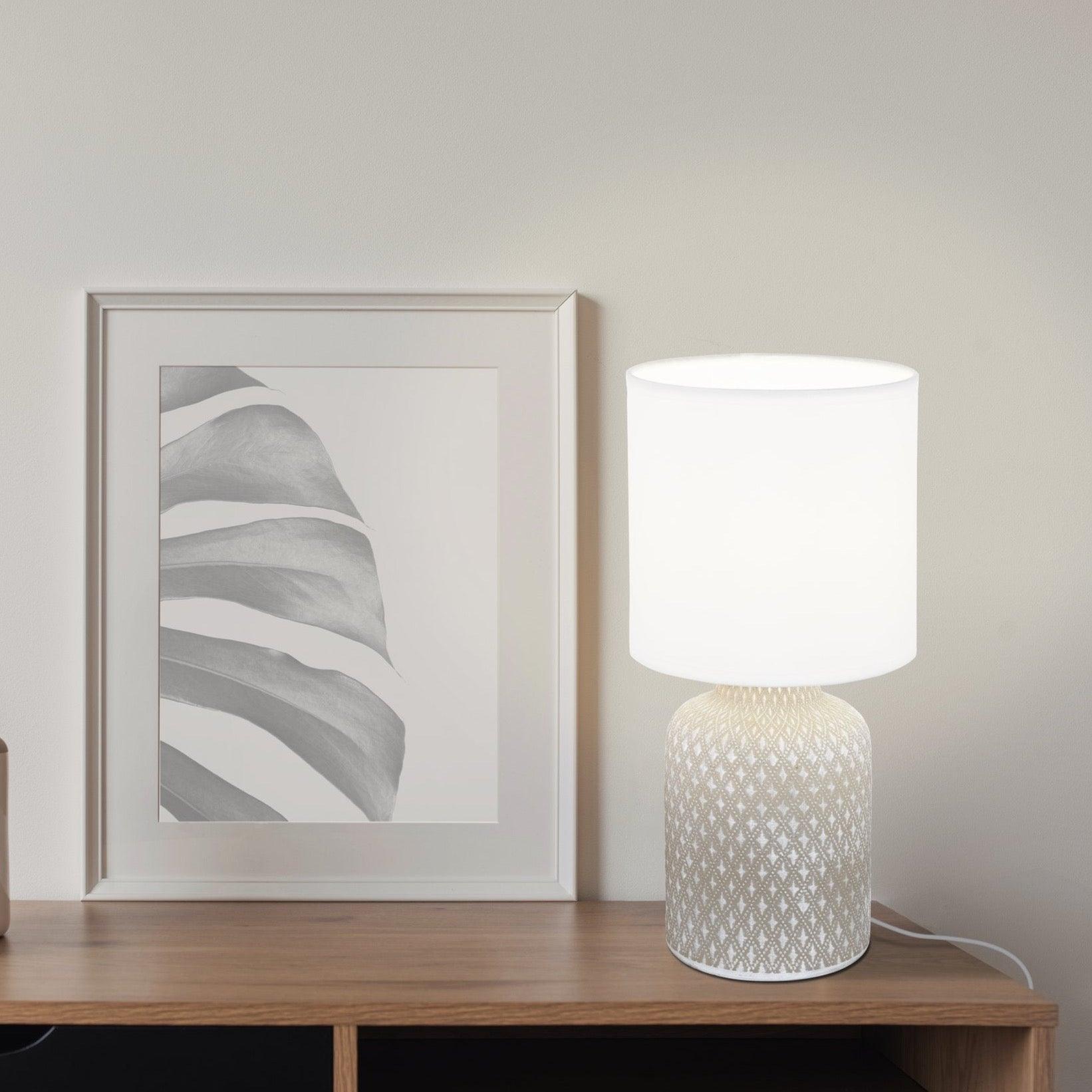 eglo bellariva grey ceramic table lamp white fabric shade living room image