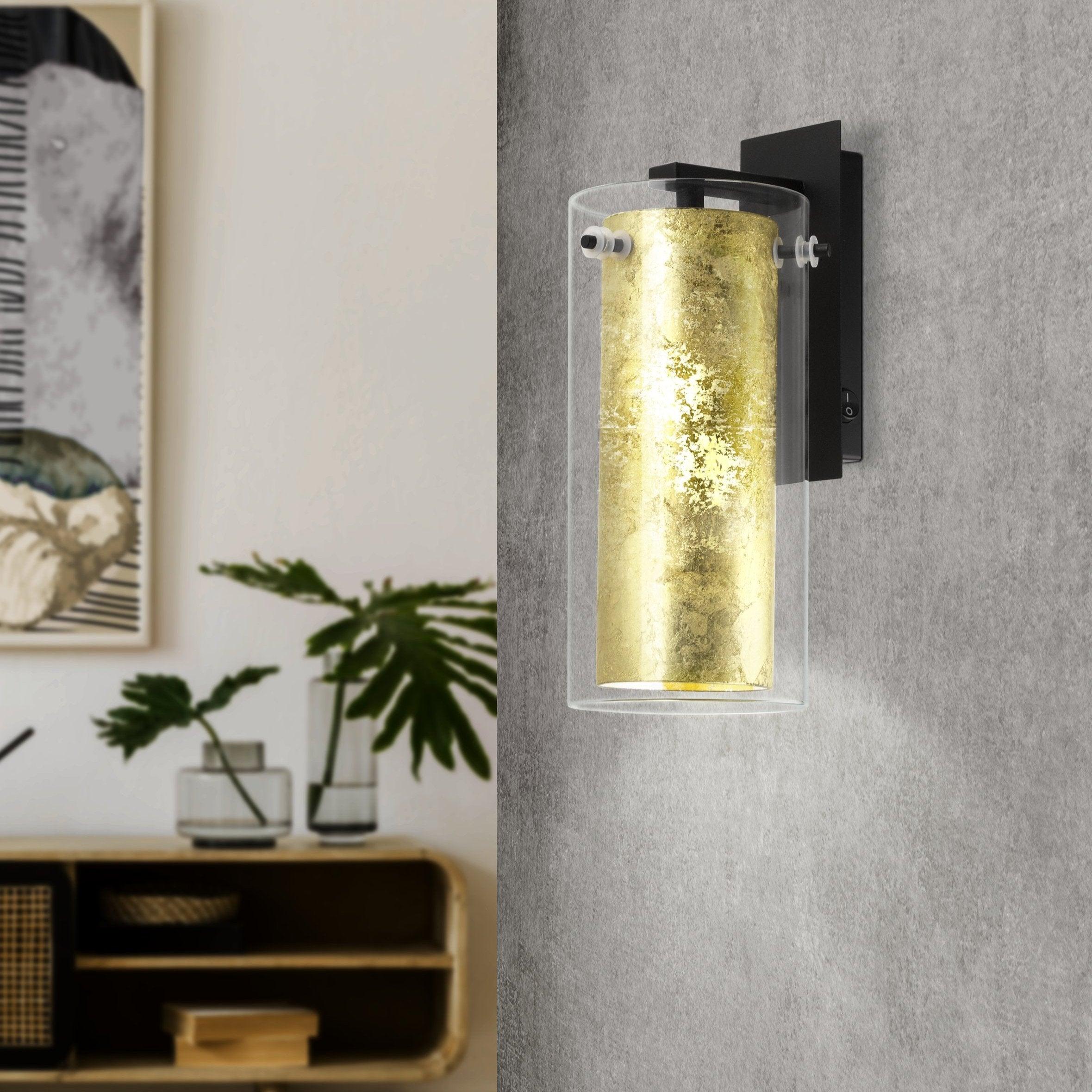 eglo pinto black gold wall light glass shade