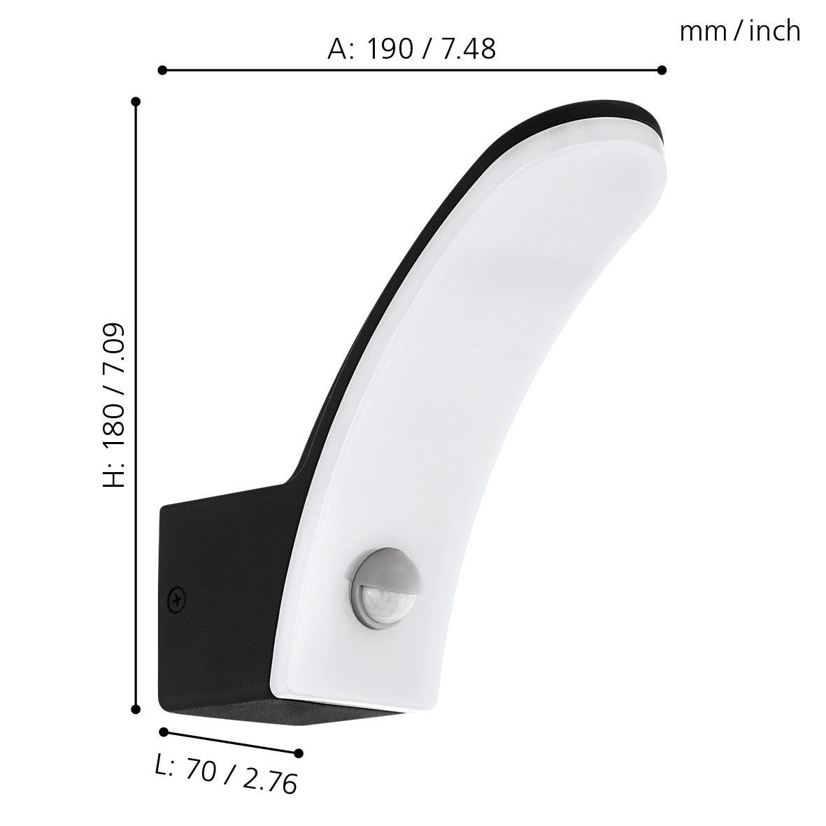 eglo fiumicino black pir curved led outdoor wall light ip45 living room close up