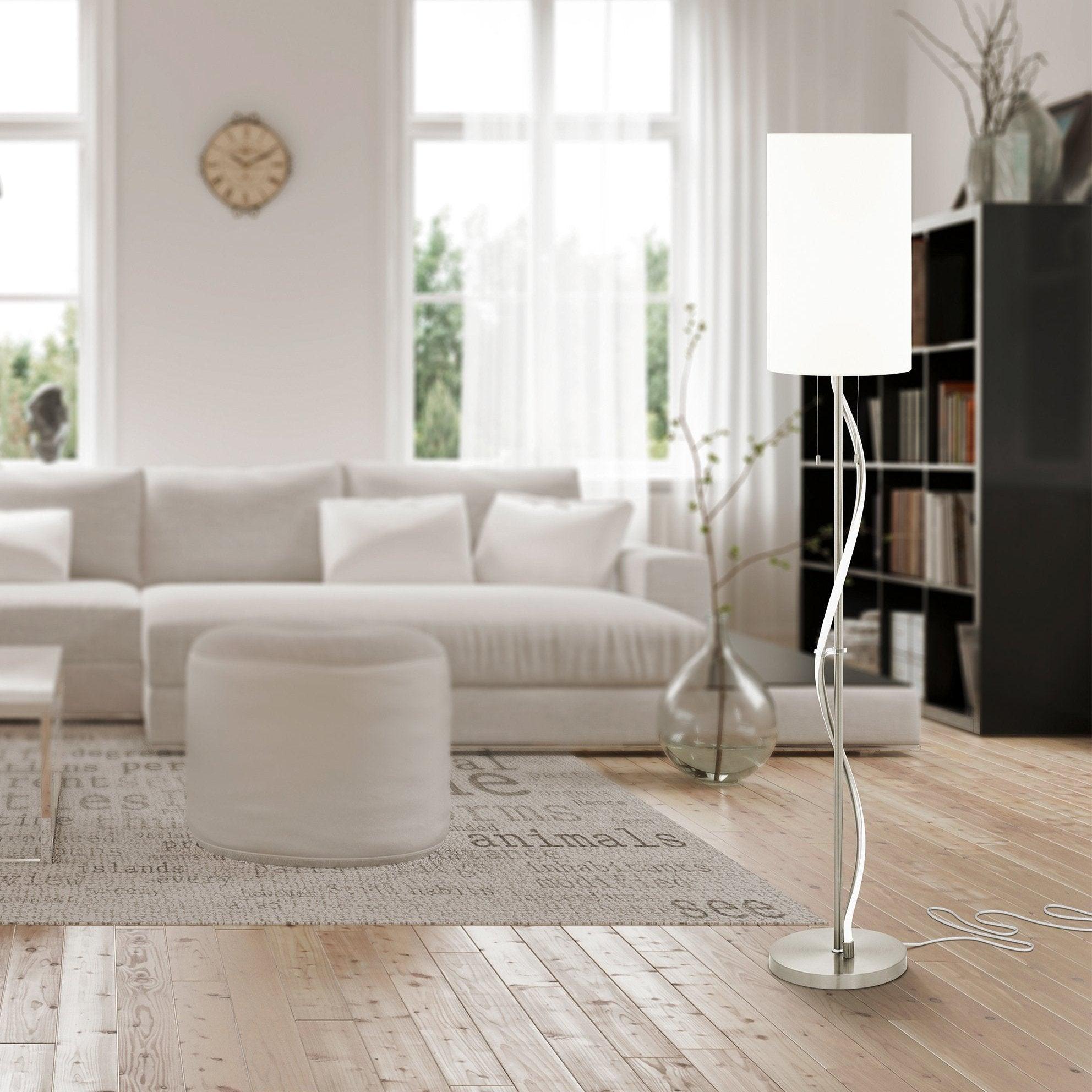 eglo espartal led nickel floor lamp white fabric shade
