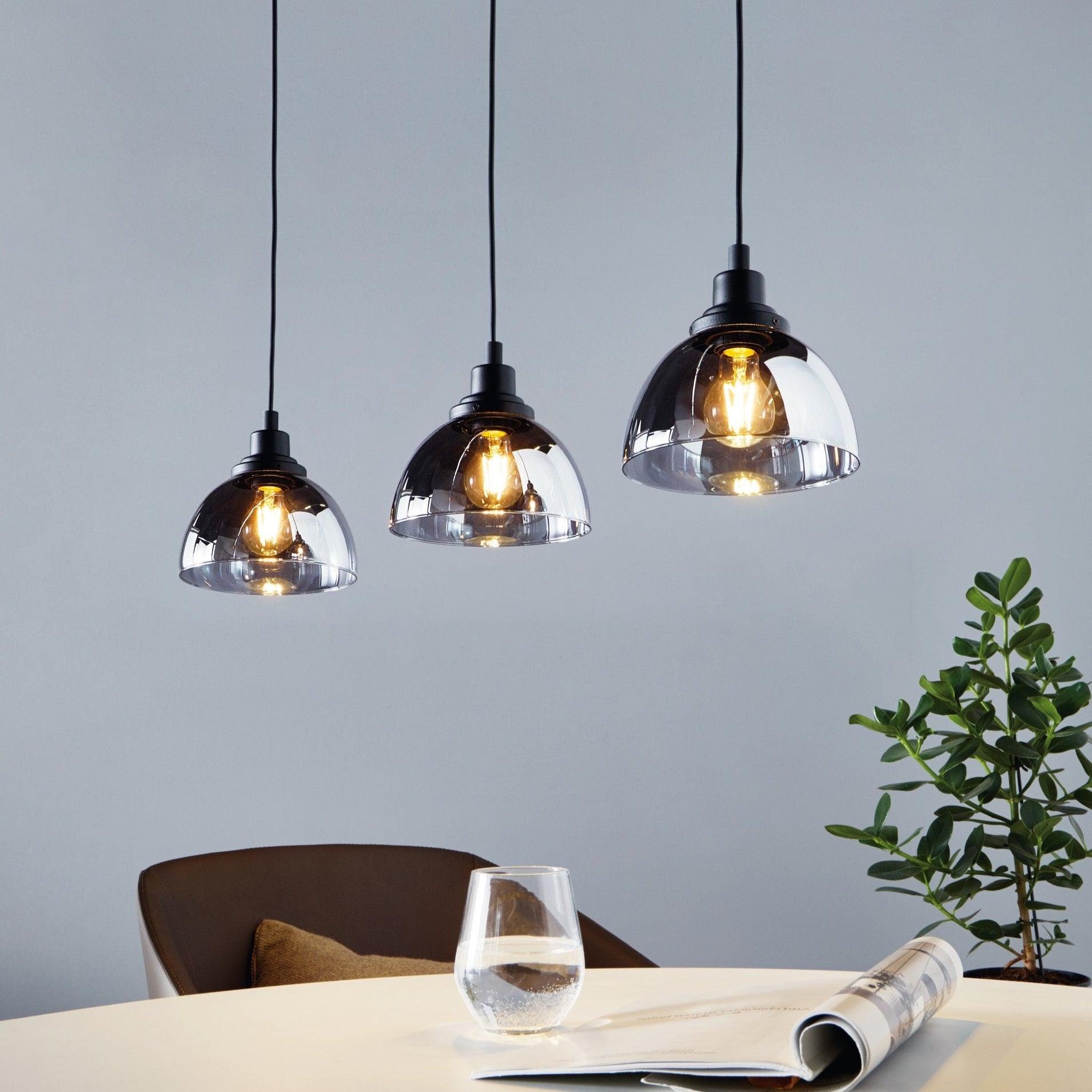 eglo beleser 3 light smoked black glass ceiling pendant living room image