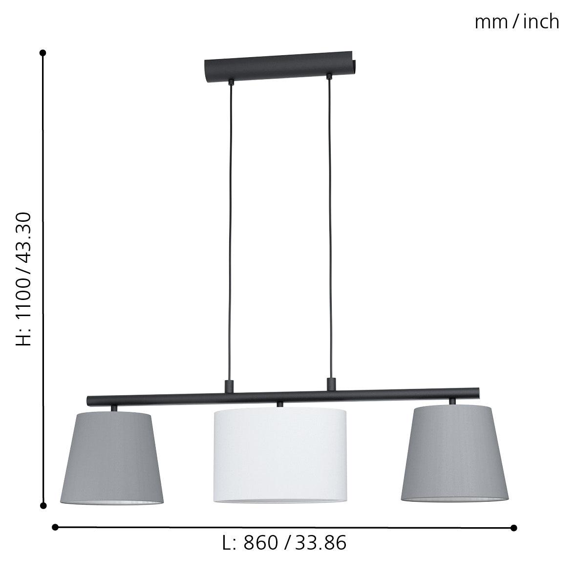 eglo almeida 1 3 light grey white fabric shade pendant living room close up