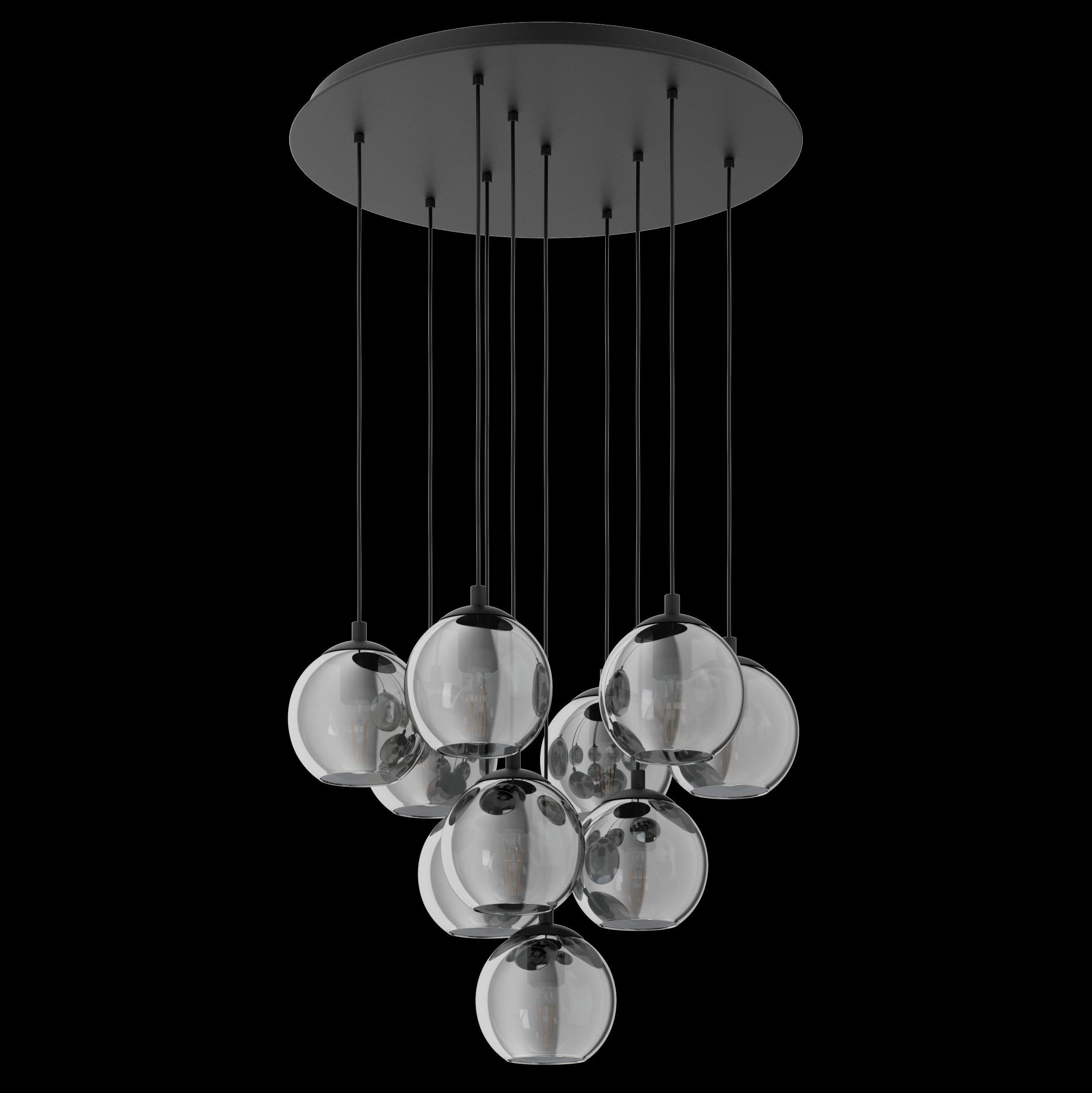 eglo ariscani black steel vaporised glass 10 light pendant living room close up