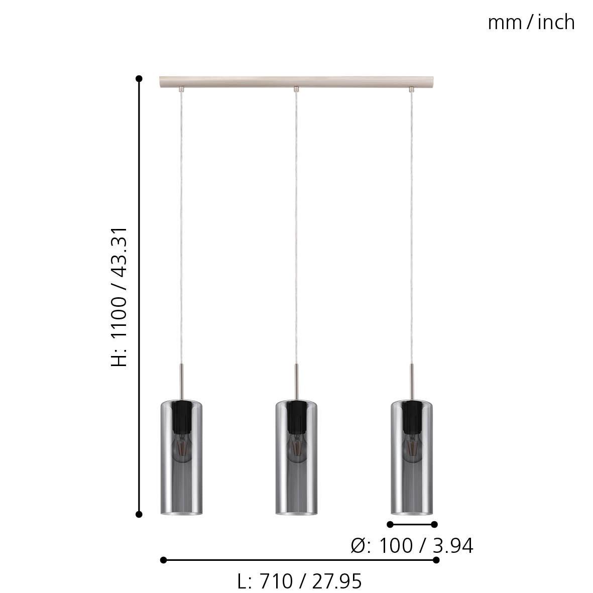 eglo selvino 3 light cylindrical smoked black glass pendant living room close up