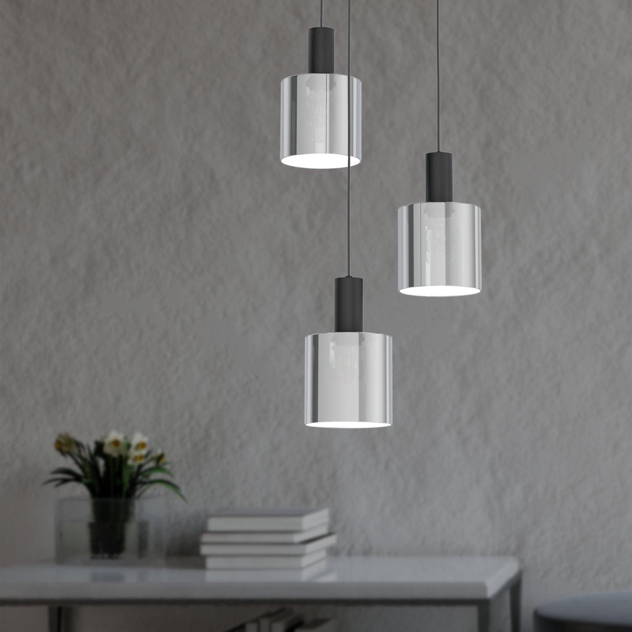 eglo gorosiba 3 light smoked black glass lampshade pendant living room image