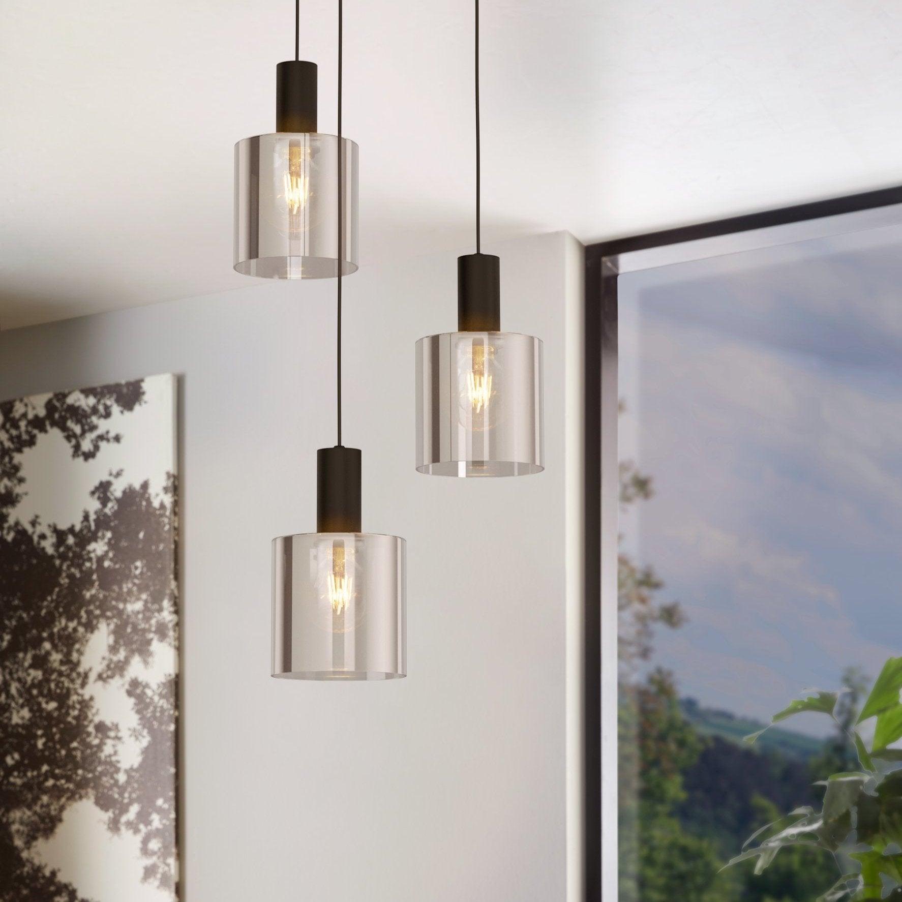eglo gorosiba 3 light smoked black glass lampshade pendant