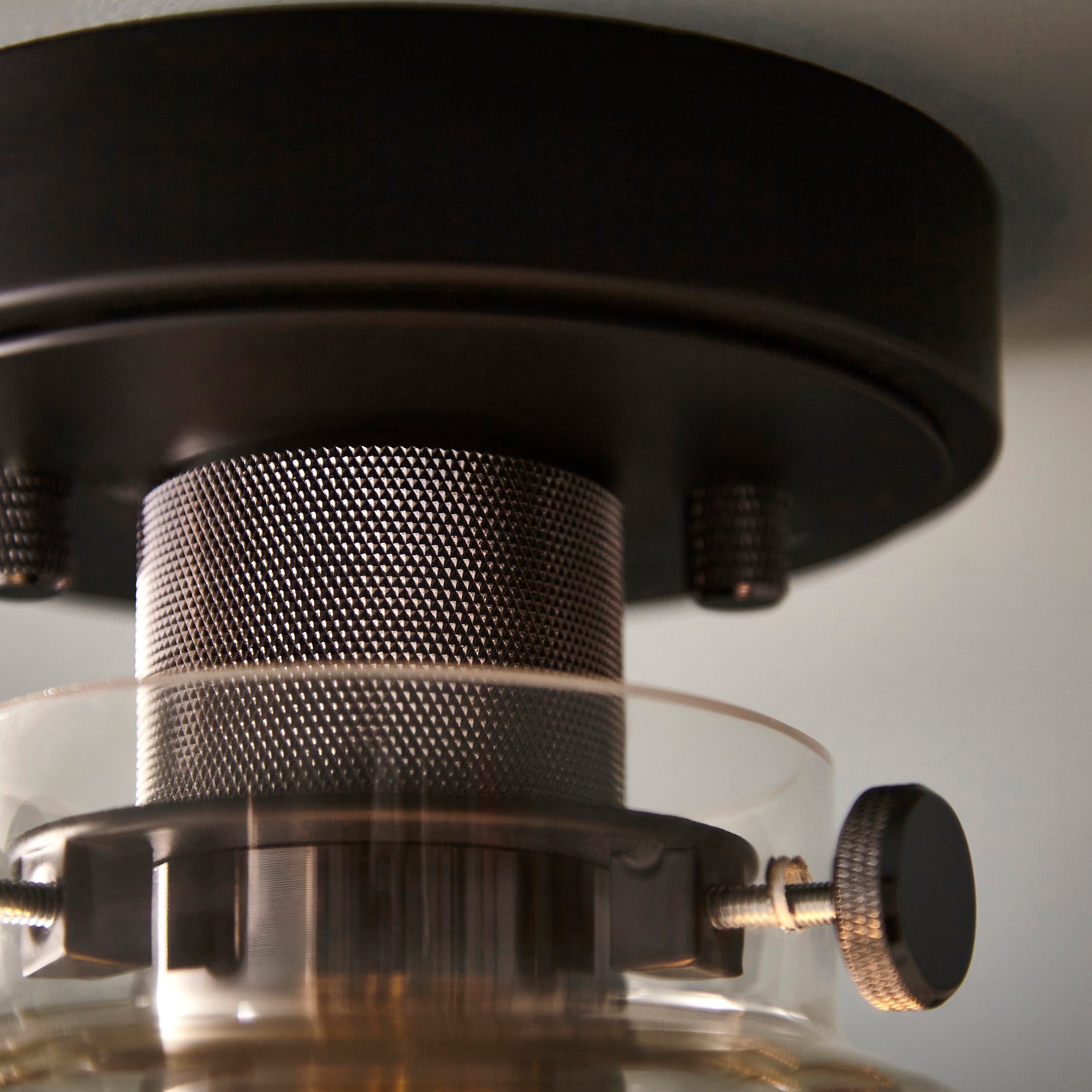 Urban Black & Knurled Chrome Industrial Flush - Glass Shade
