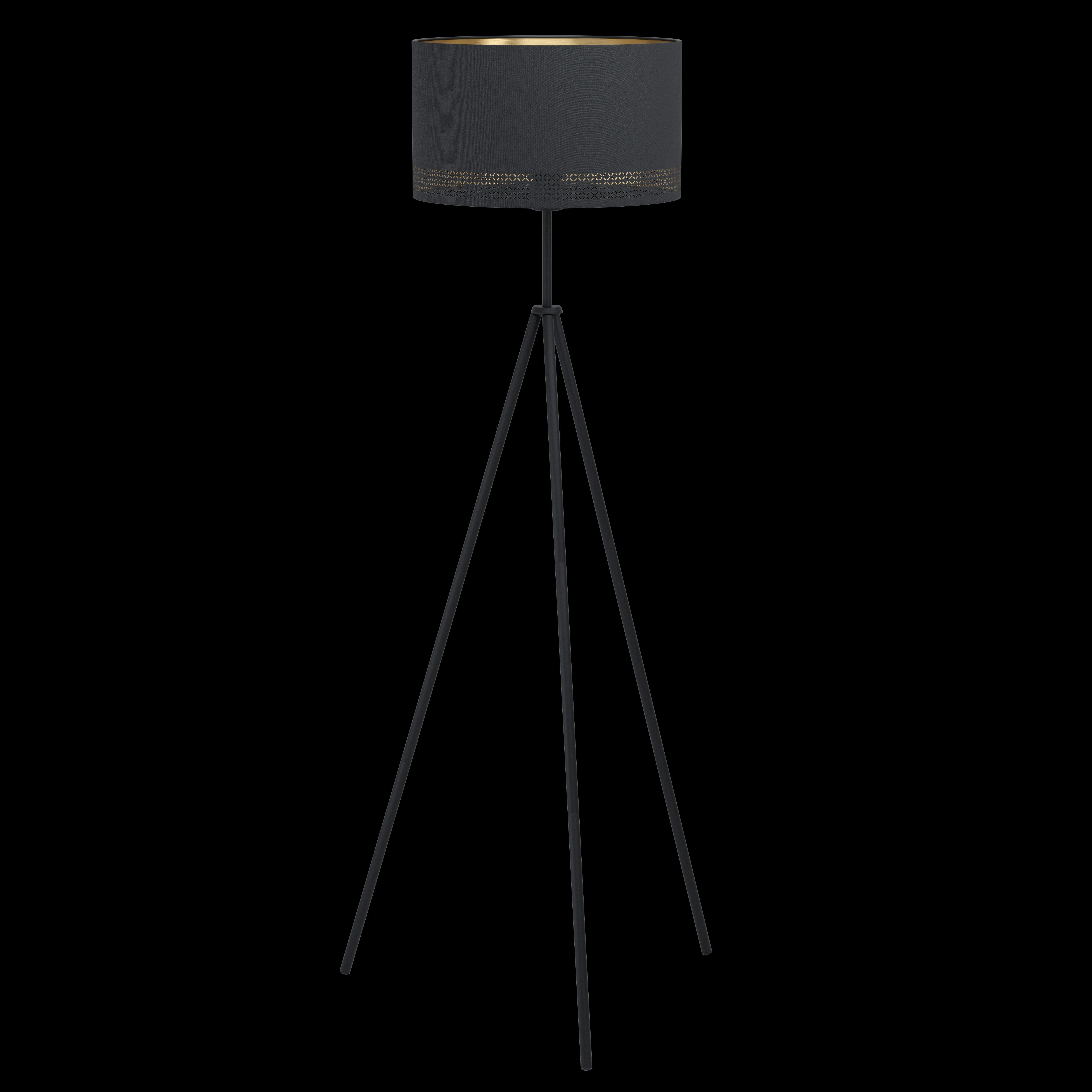 eglo esteperra black tripod floor lamp with black gold shade living room close up