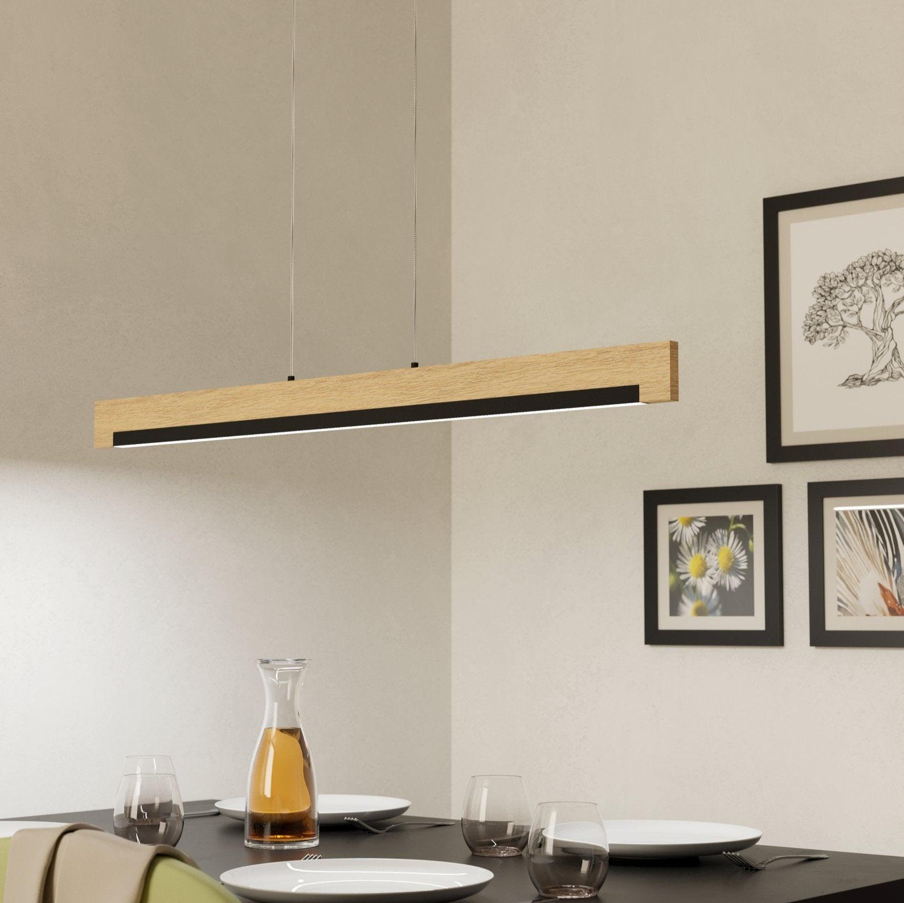 eglo camacho led black oak wood style bar ceiling pendant living room close up