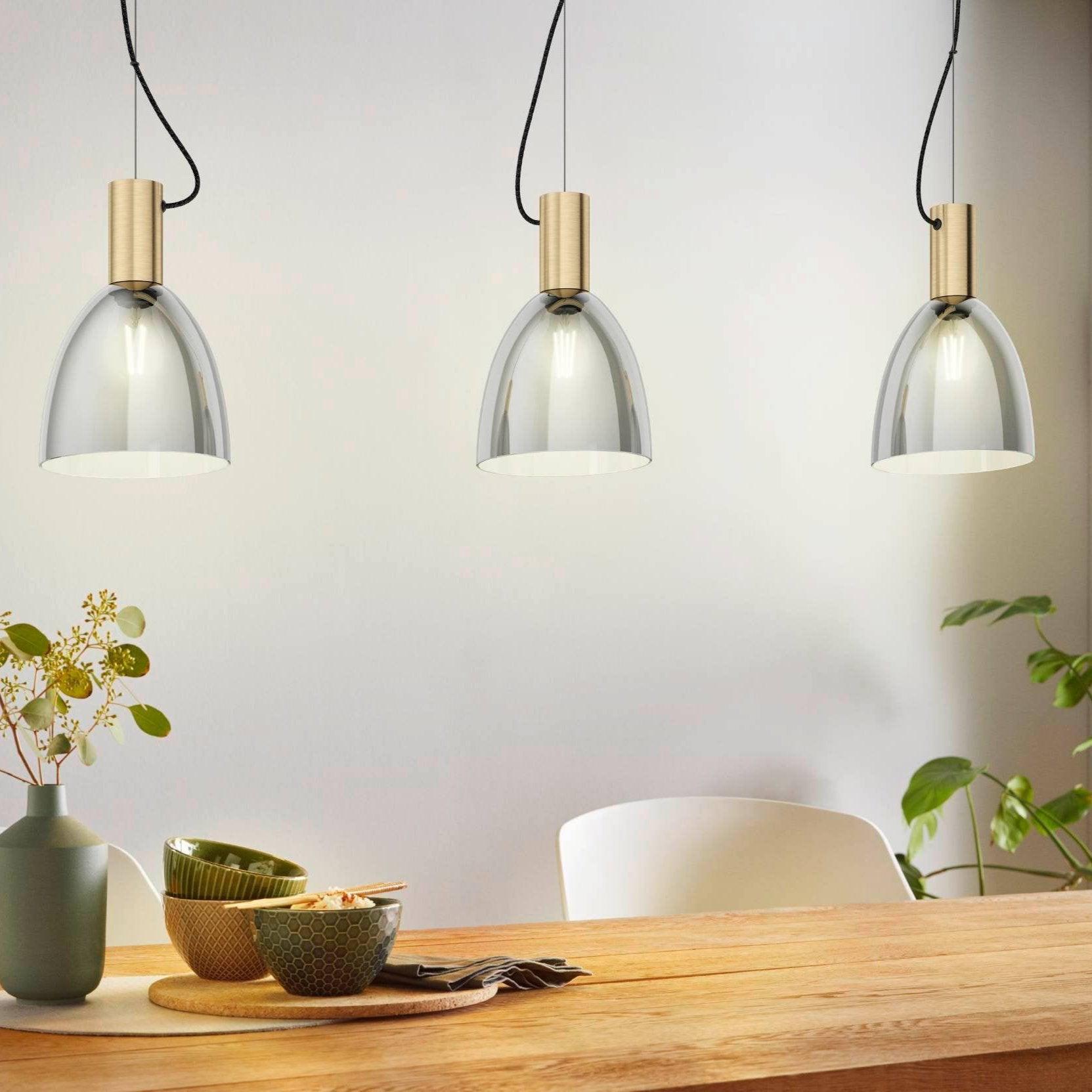 eglo lebalio 3 light brass smoked glass ceiling pendant living room close up