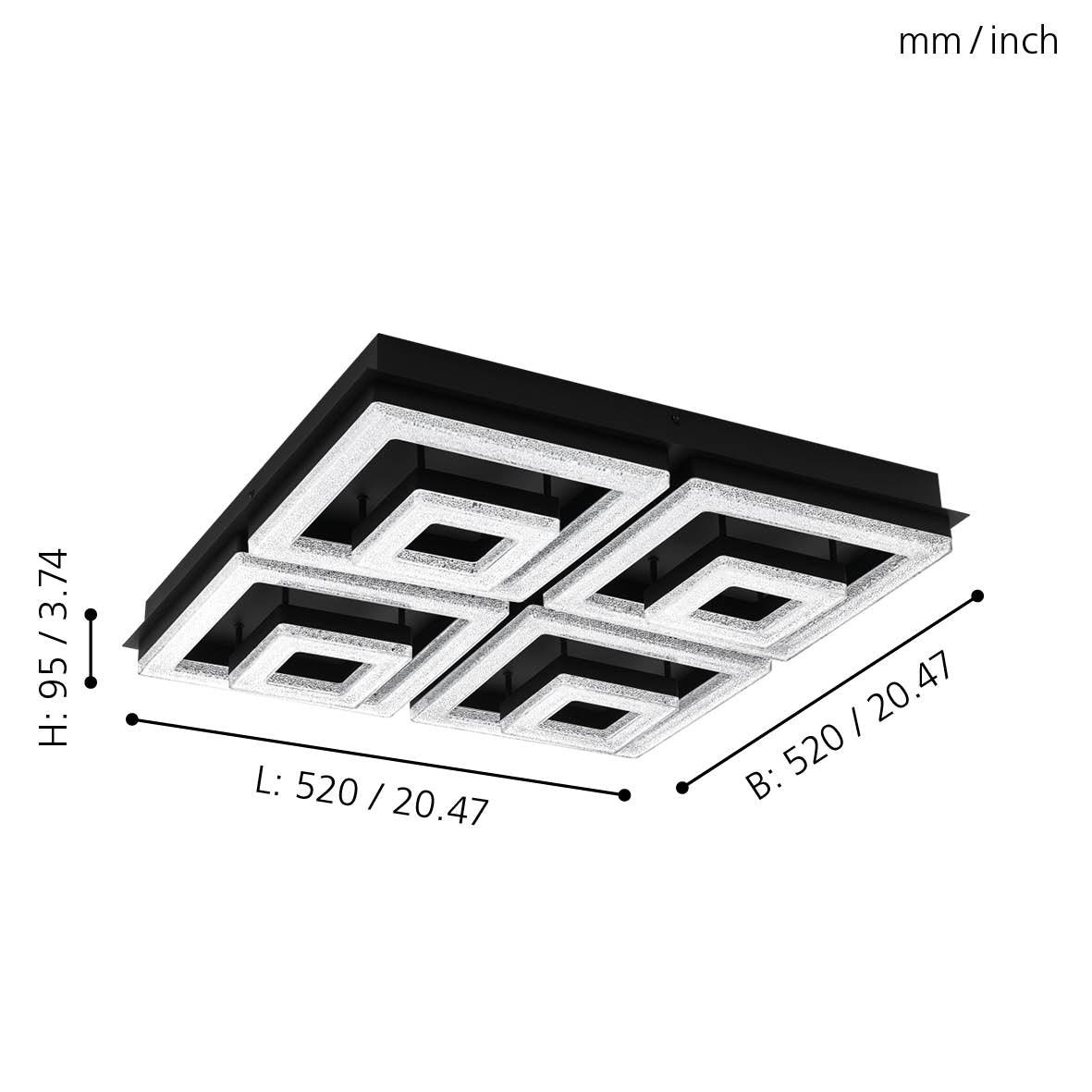 eglo fradelo 1 square black clear glass crystal led ceiling flush 52cm living room close up