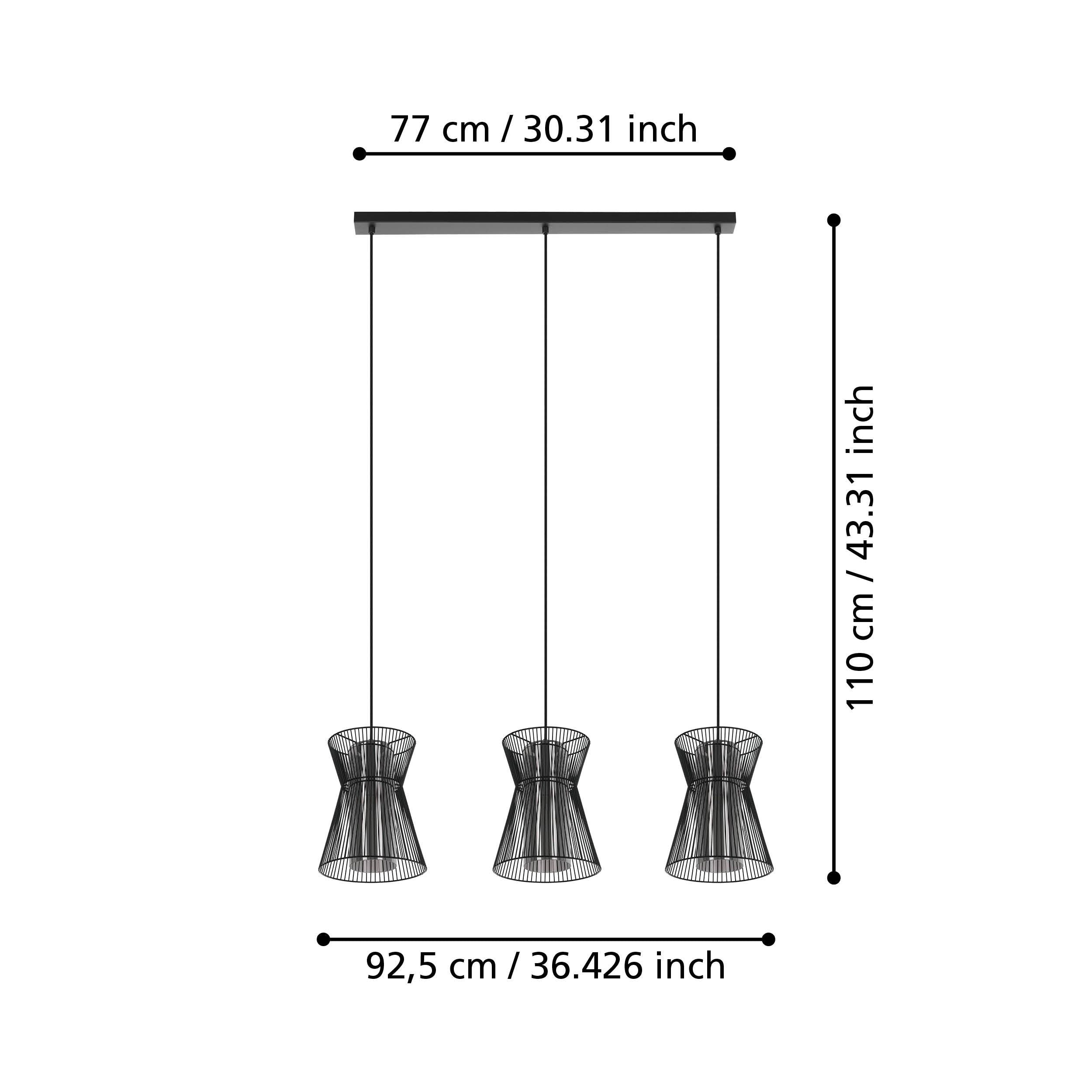 eglo maseta 3 light hourglass black wire smoked glass pendant living room image