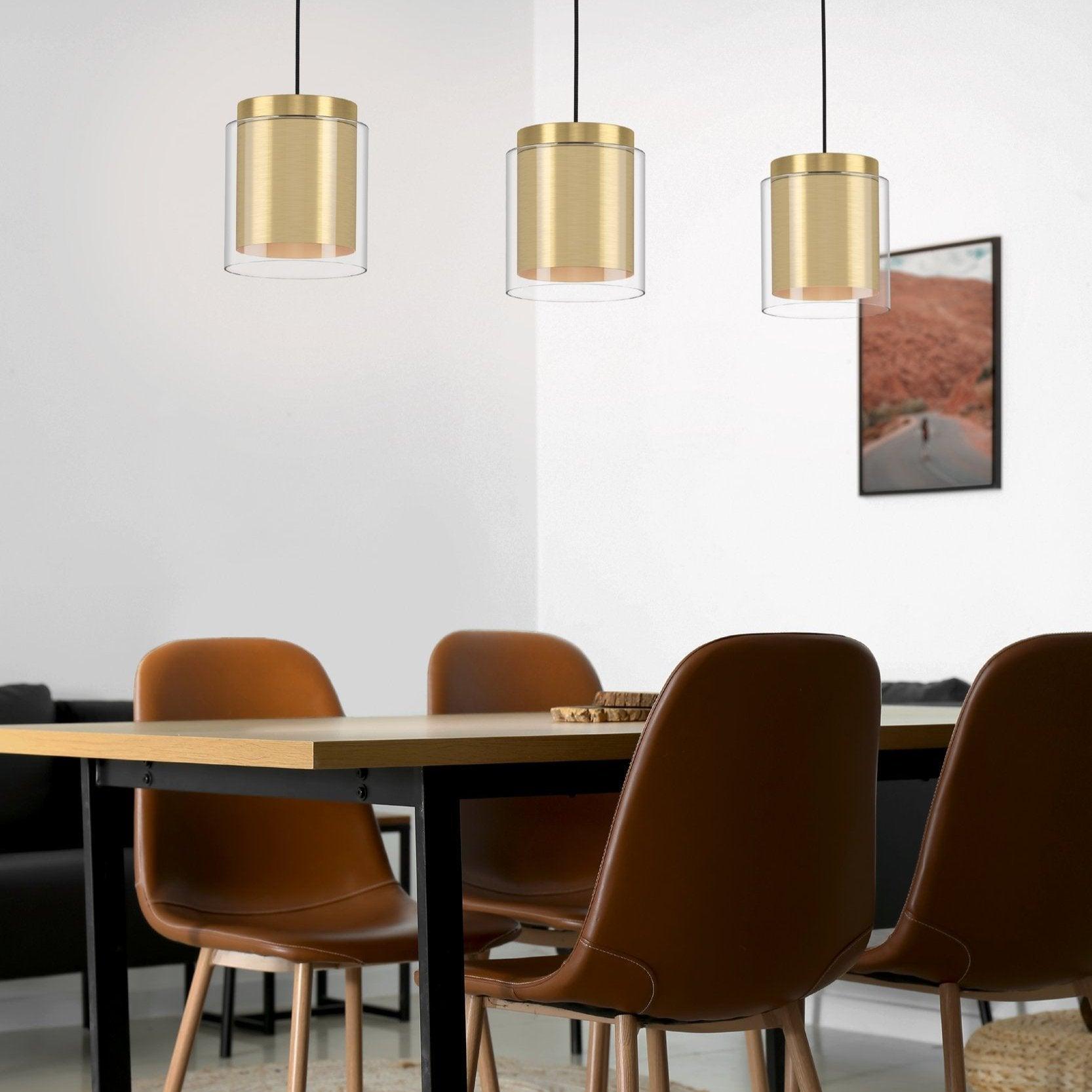 eglo lagunitas 3 light cylindrical glass brass pendant living room close up