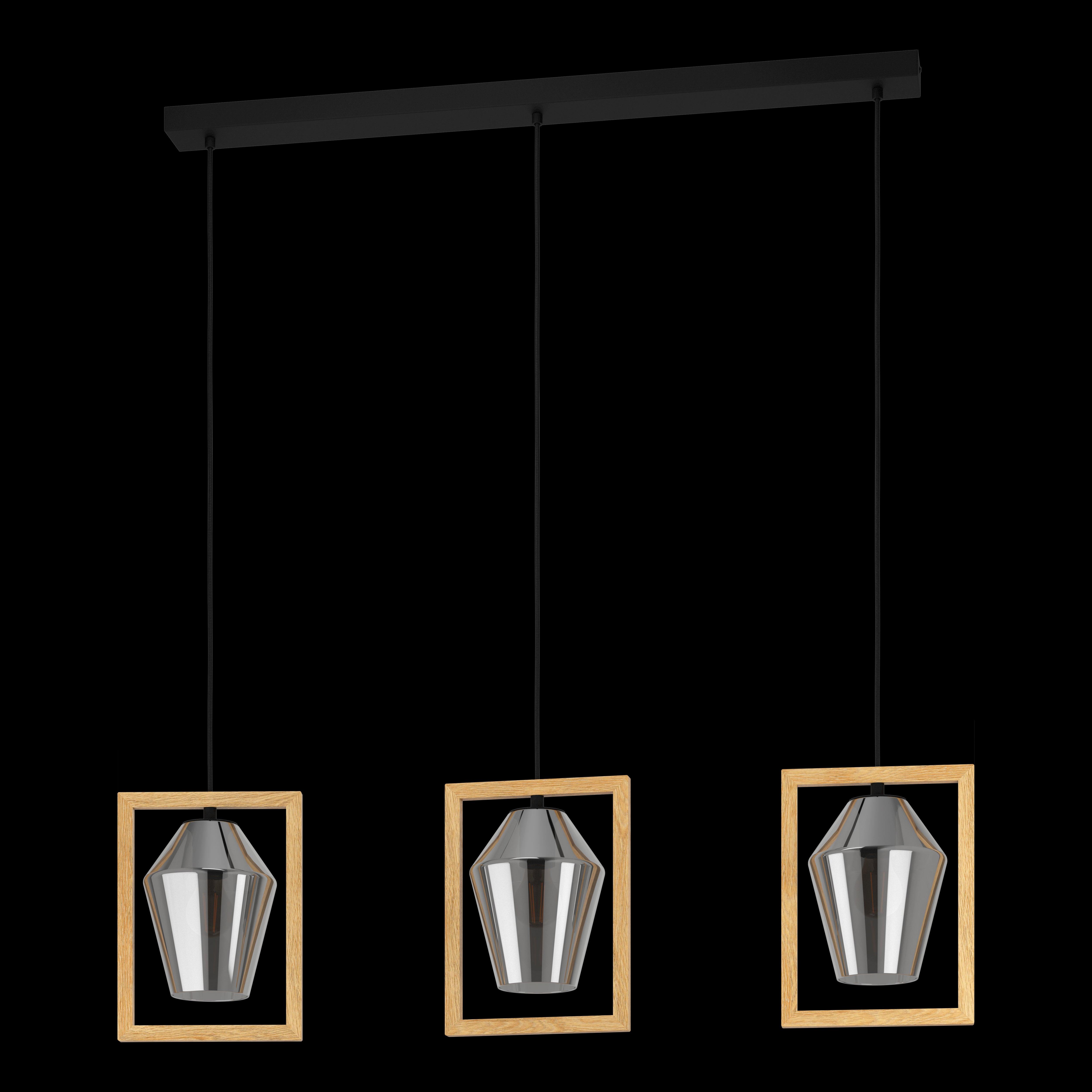 eglo viglioni 3 light smoked black glass wood pendant living room close up