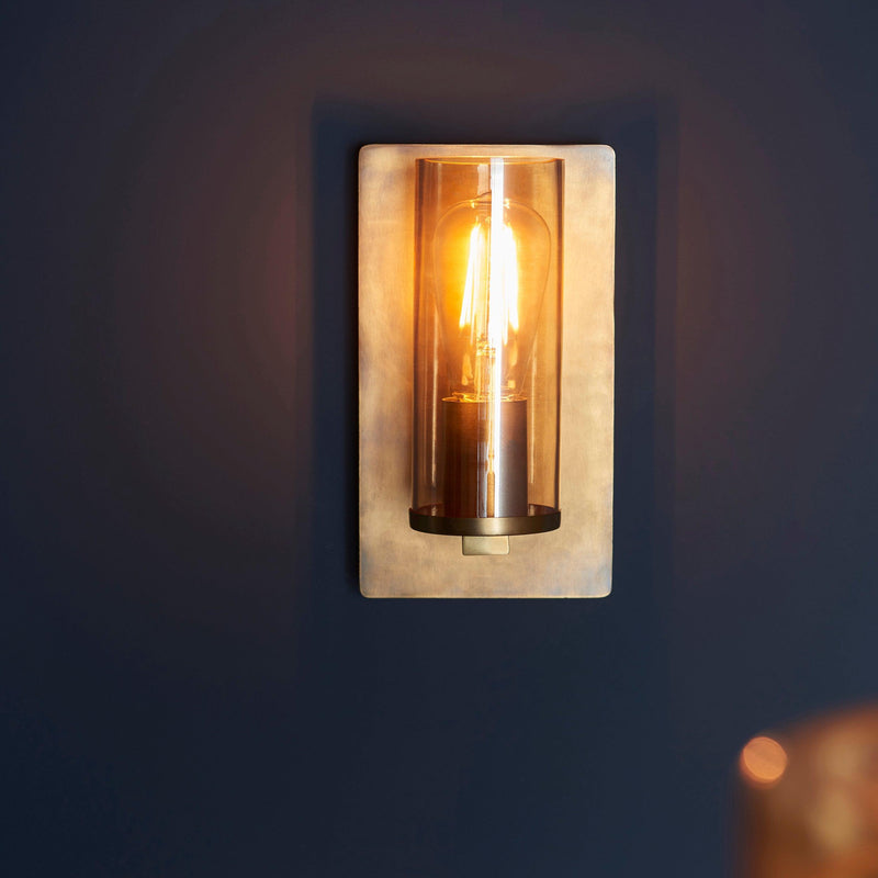 Vauxhall Modern Brass Patina Wall Light with Champagne Glass Wide Living Room Image
