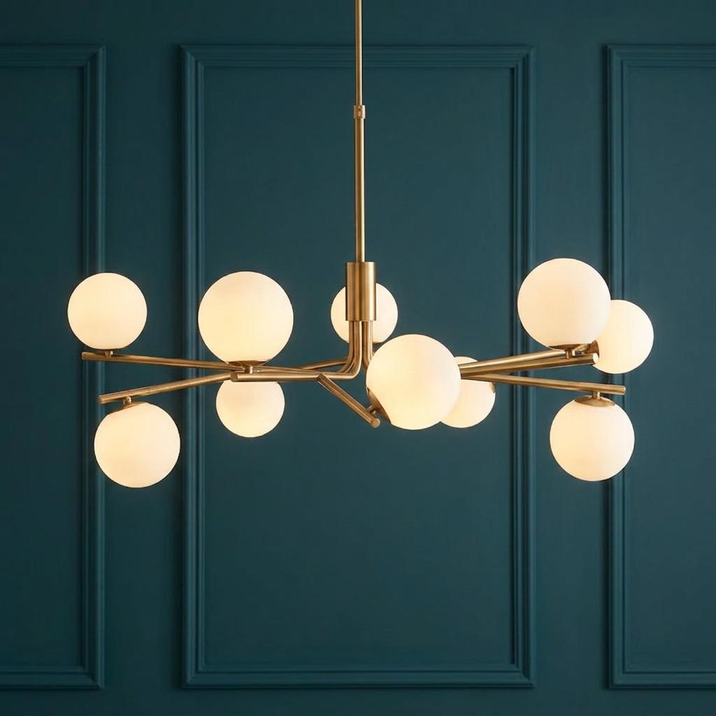 Aaron Brass 10-light adjustable pendant with opal glass globes against a teal paneled wall.