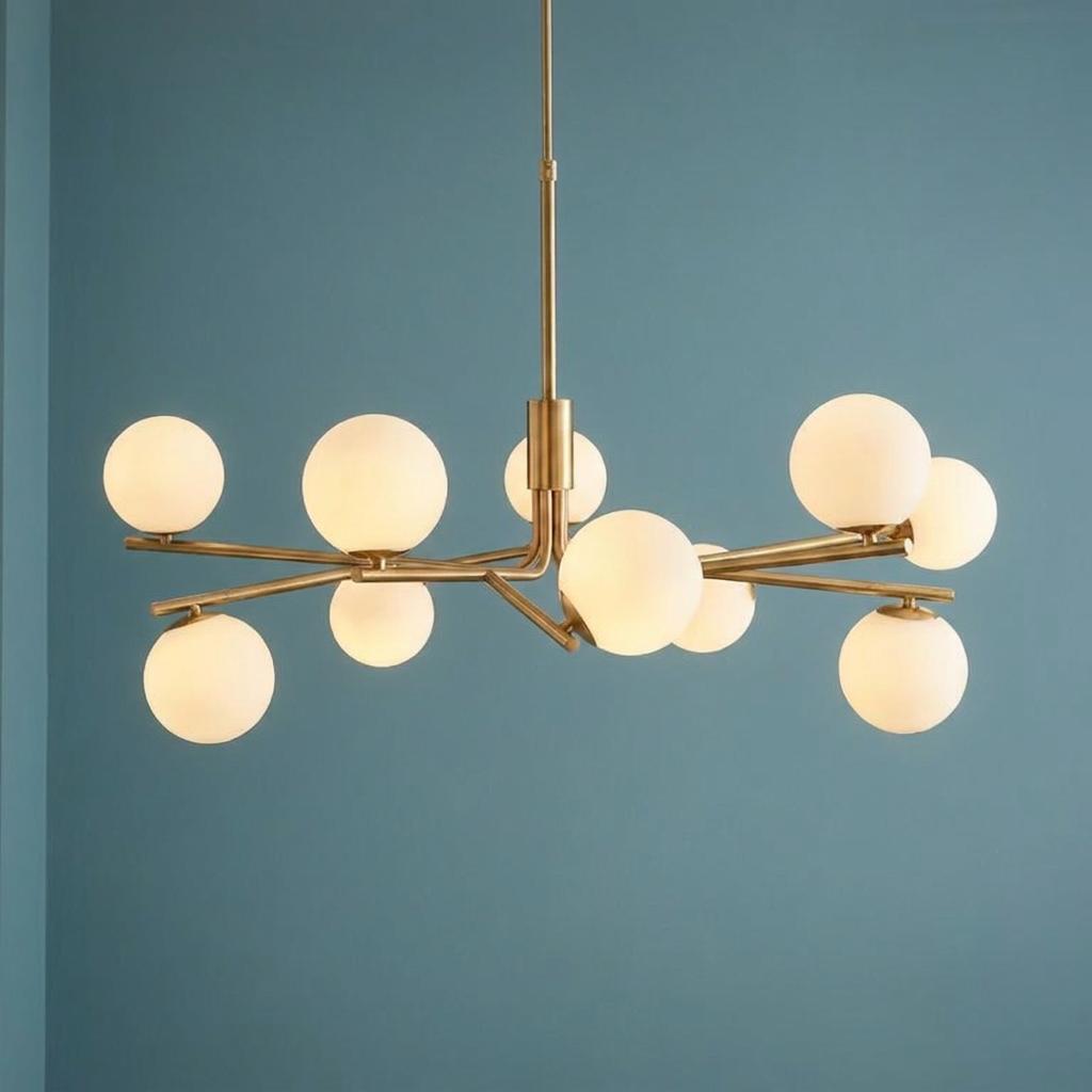Aaron brass 10-light adjustable pendant with opal glass shades against a solid teal wall.