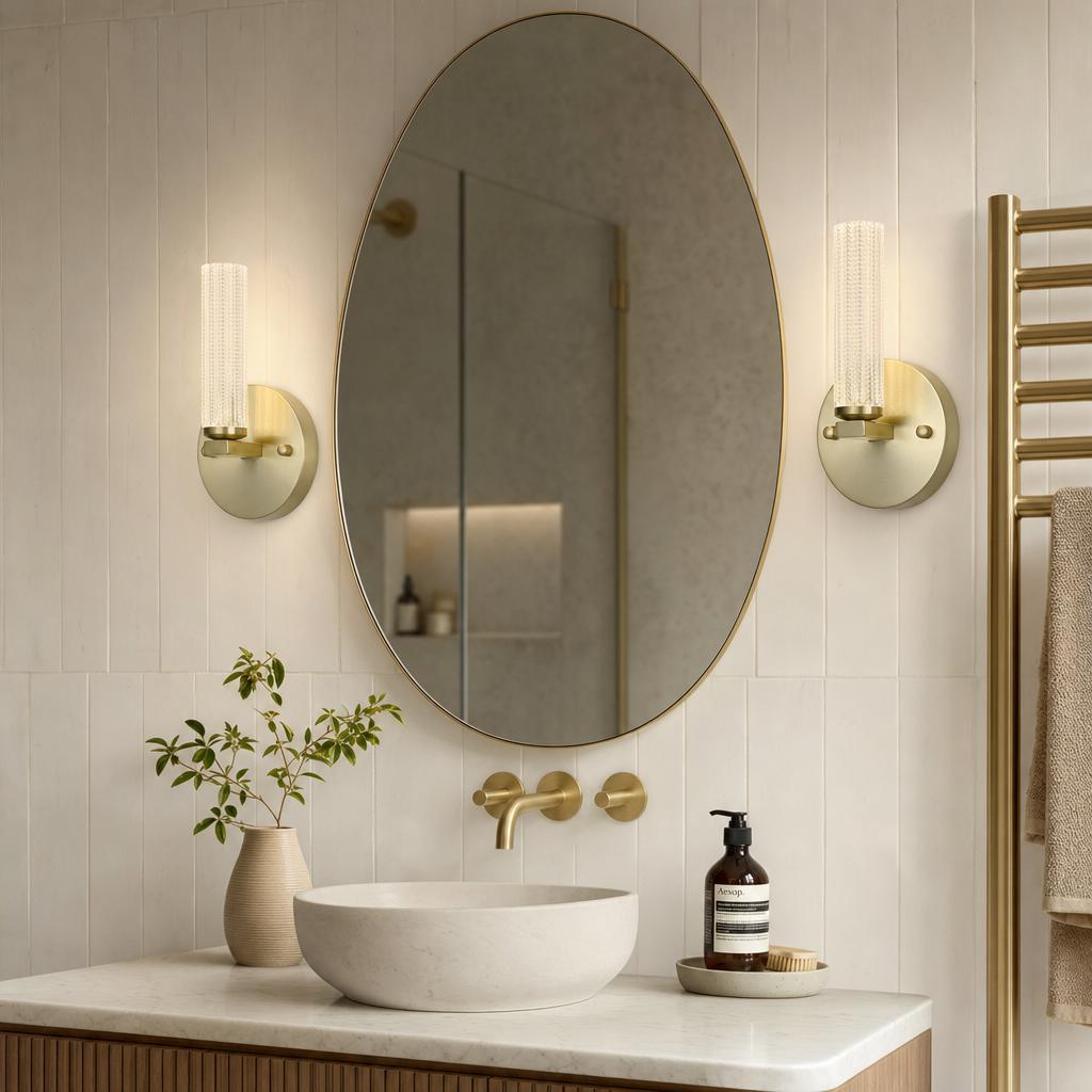 Aberdeen brass LED wall lights with reeded glass shades flanking an oval mirror in a light-toned bathroom setting.