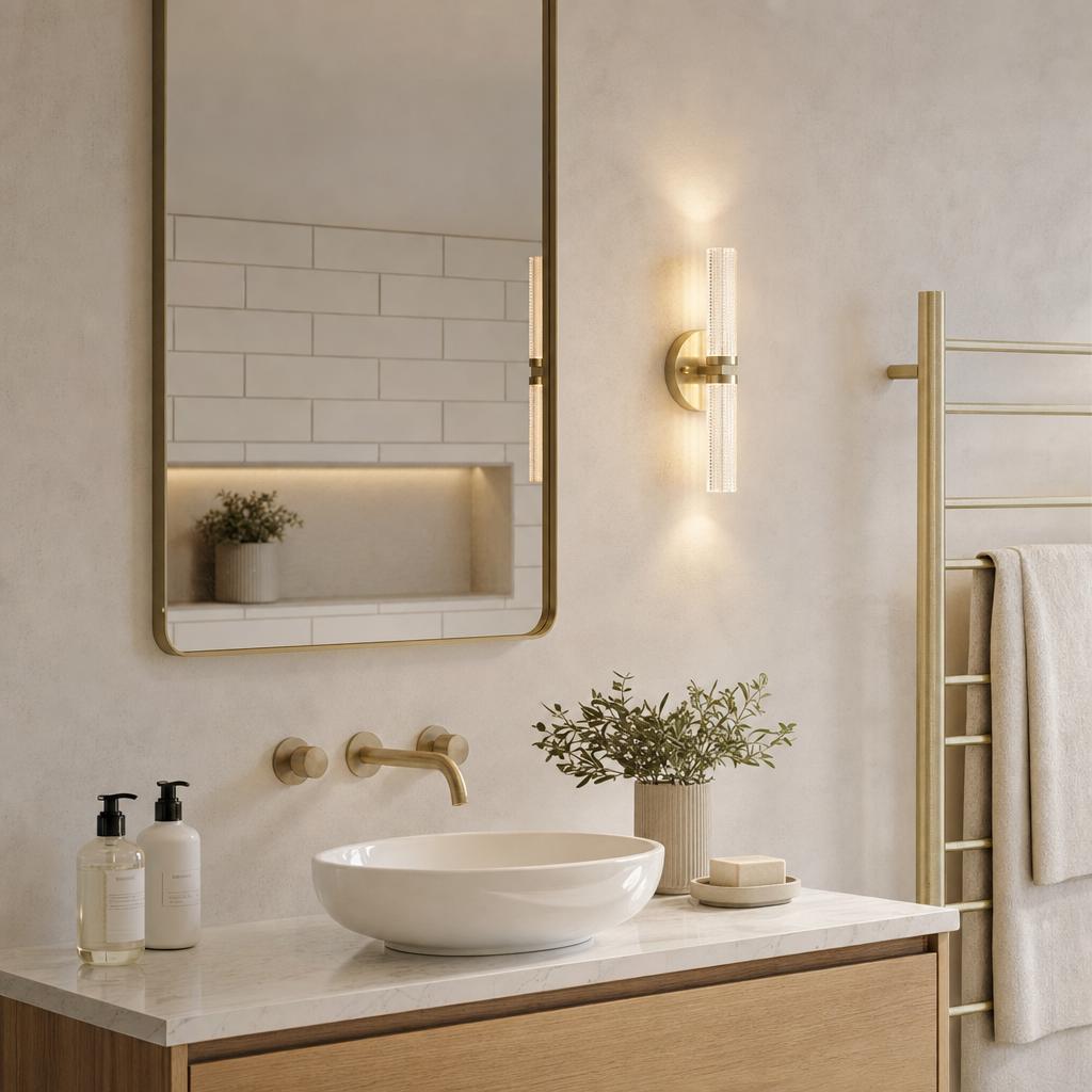 Satin brass LED wall light with textured glass mounted beside a mirror in a modern, neutral-toned bathroom.