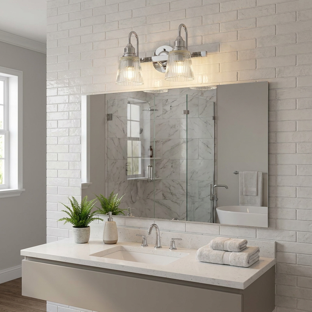 Two-light polished chrome wall sconce with ribbed glass shades over a mirror in a bright white tiled bathroom.