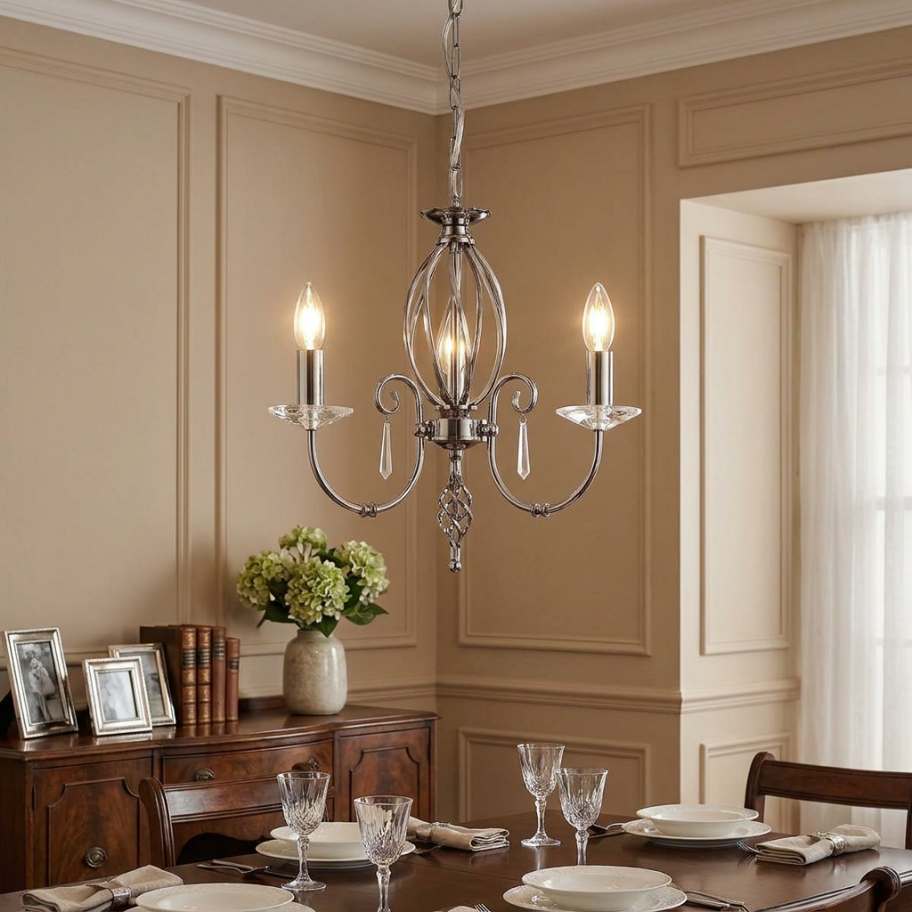 Aegean 3-light polished nickel chandelier with glass droplets hanging above a dining table in a traditional room.