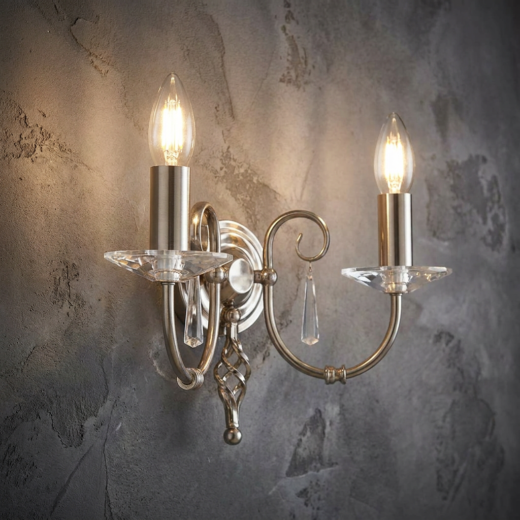 Aegean Polished Nickel Double Wall Light with crystal accents and glowing candle bulbs on a textured grey wall.