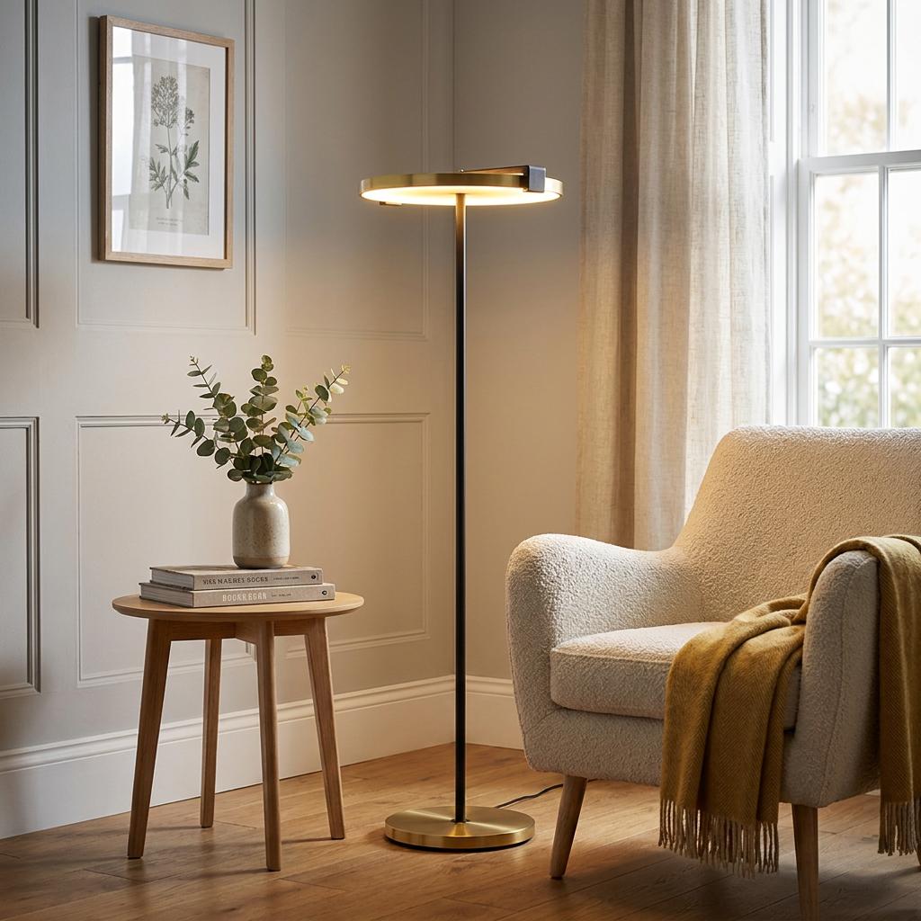Satin brass and black Aerial floor lamp with an integrated LED ring light, standing in a cozy living room.