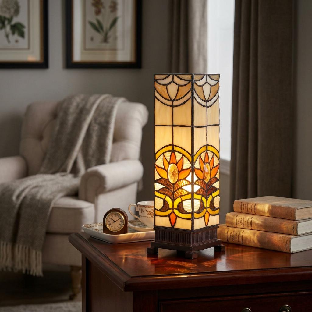 Rectangular Tiffany lamp with intricate stained glass patterns glowing warmly on a dark wooden side table.