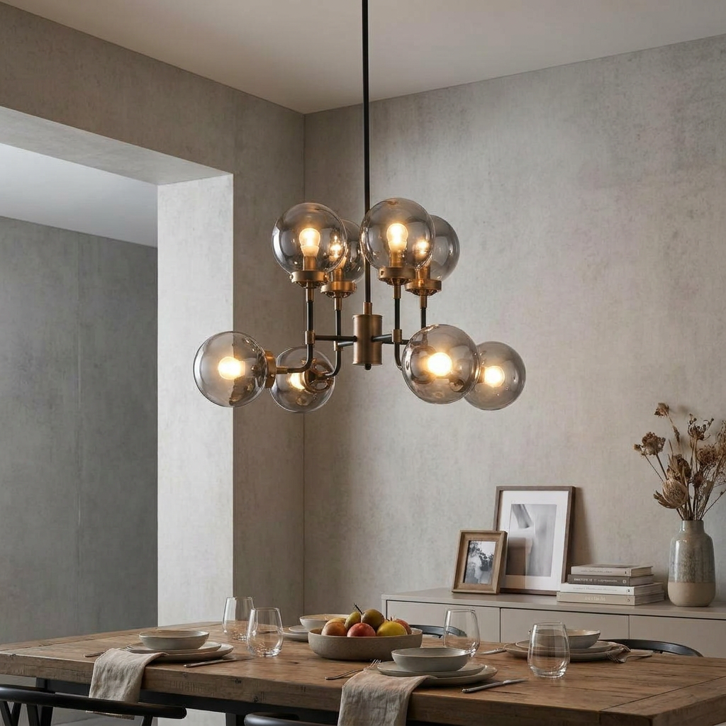 Akron Gold & Black Chandelier with smoked glass globes illuminates a modern dining room with concrete walls.
