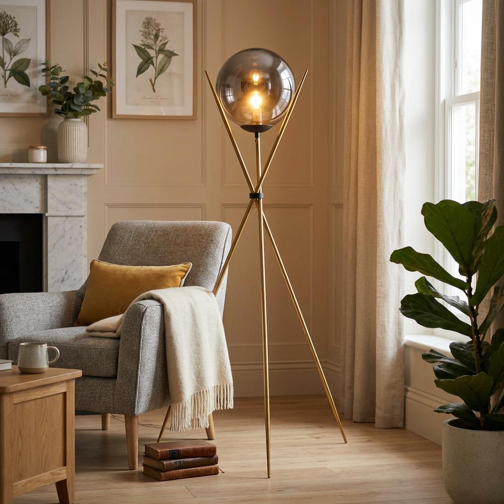 Gold tripod floor lamp with a smoked glass globe illuminating a cozy living room with a grey armchair and plants.