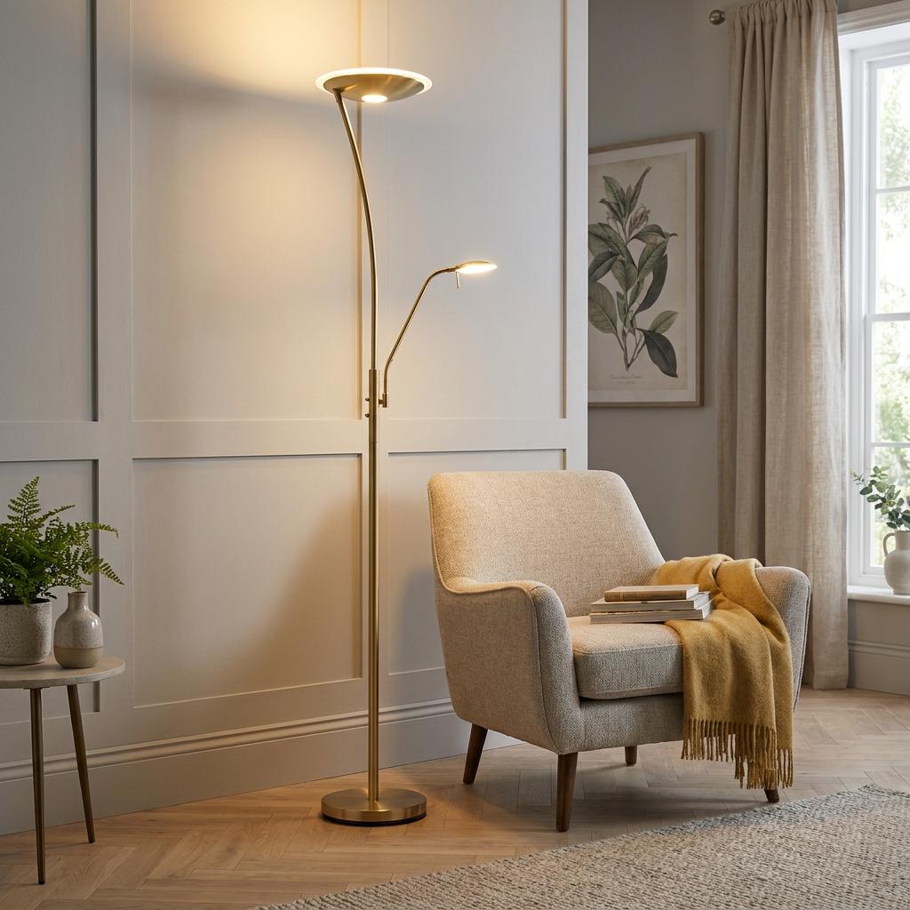 Antique brass mother and child LED floor lamp illuminating a cozy living room with a beige armchair and paneled wall.