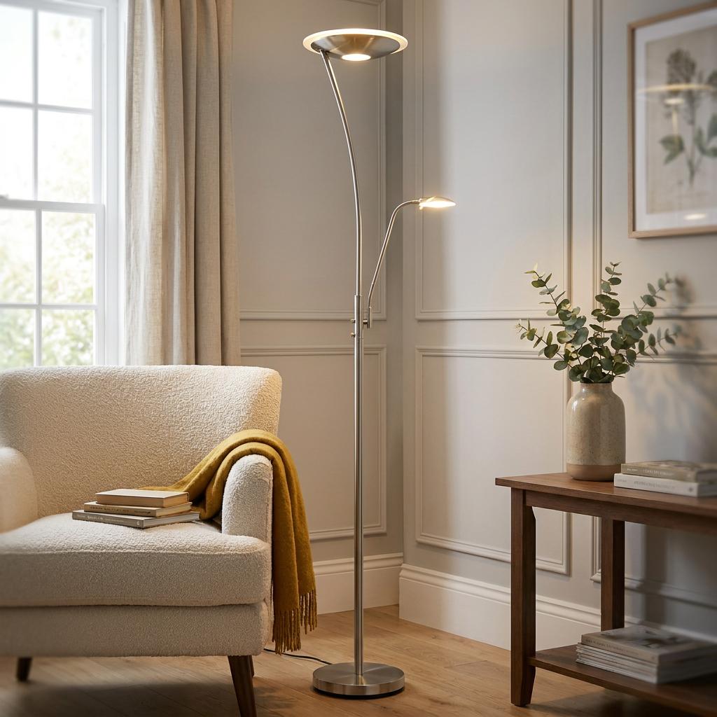 Satin chrome LED mother and child floor lamp illuminating a living room corner with a white armchair.