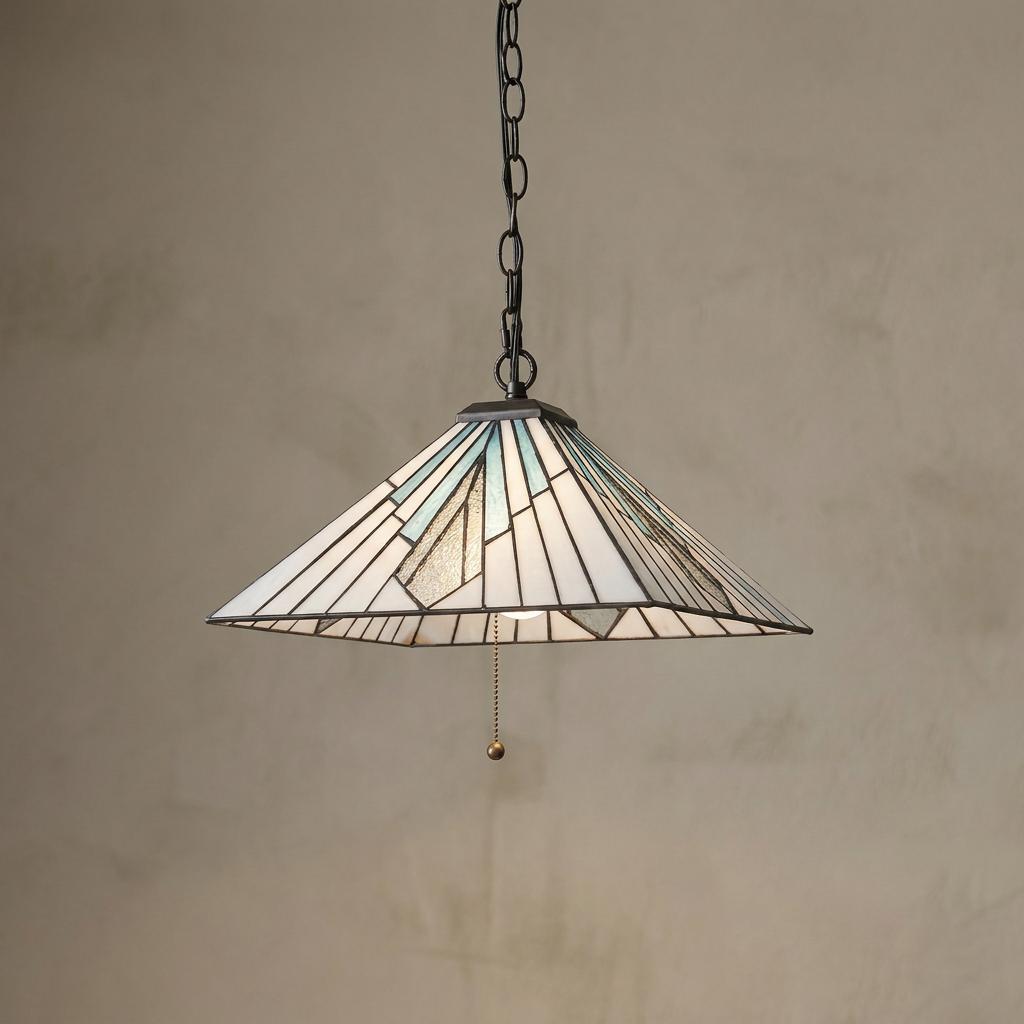 Tiffany-style pyramid pendant light with blue and white geometric glass panels hanging from a black chain.