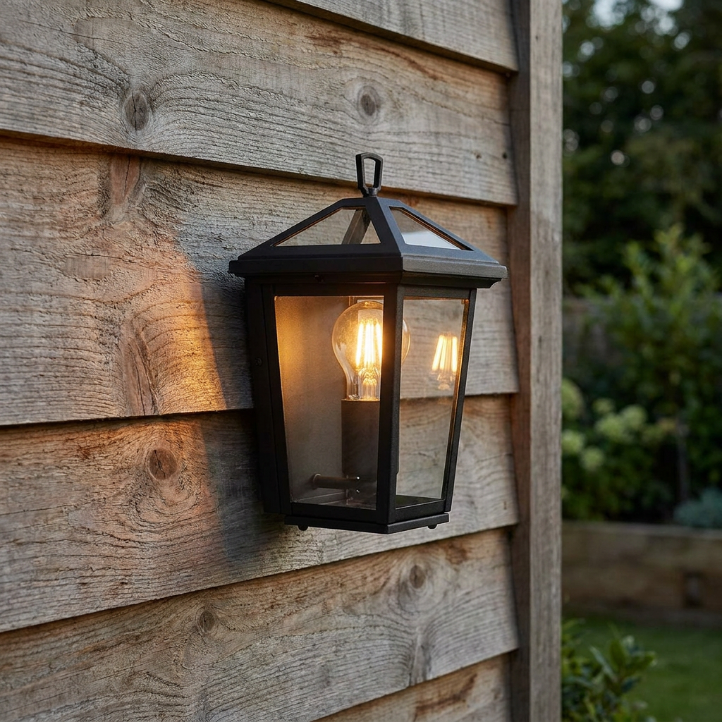 Black outdoor half lantern with a glowing bulb mounted on a rustic wooden wall.