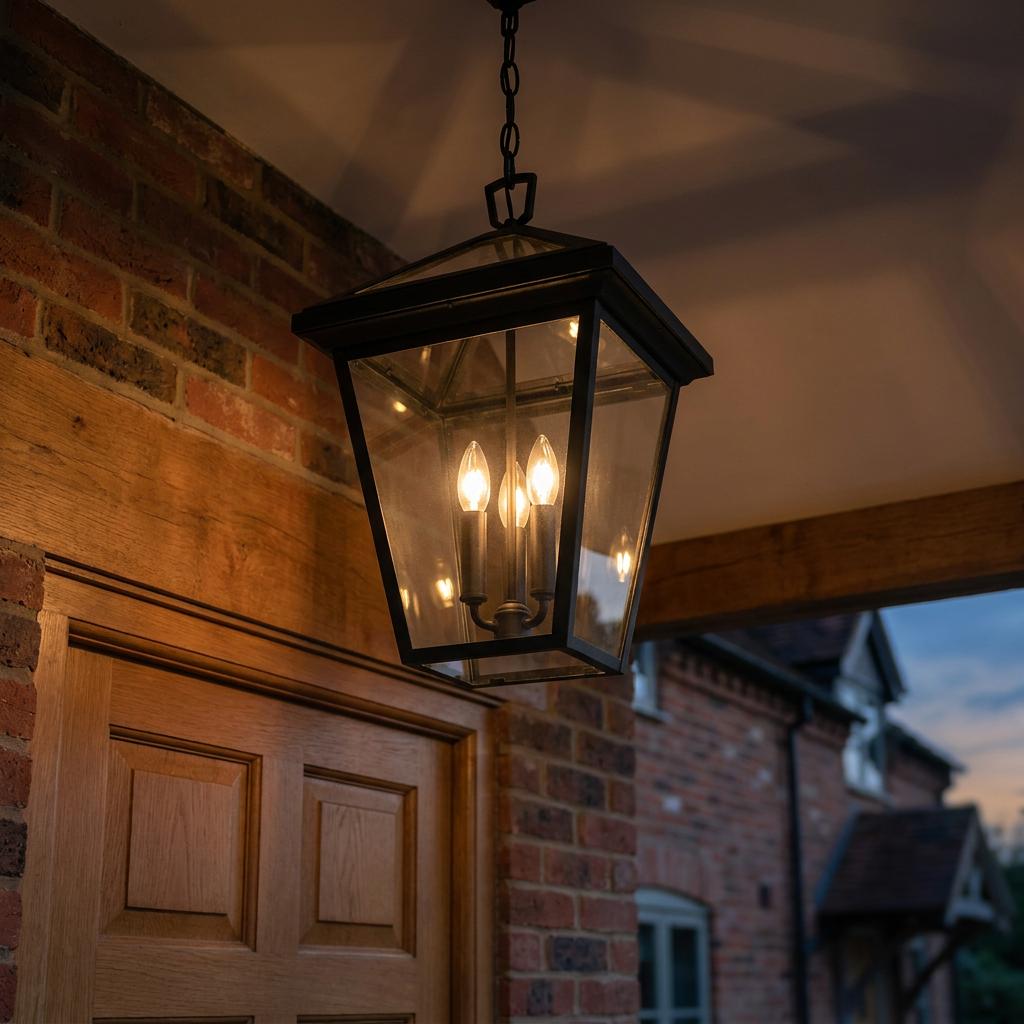 Black lantern with three lit bulbs hanging from an outdoor porch ceiling near a brick wall and wooden door.
