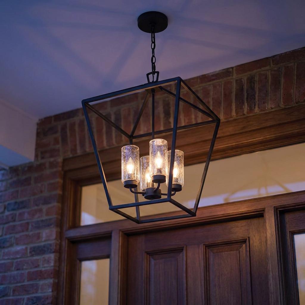 Black lantern-style outdoor pendant with four seeded glass shades hanging over a wooden entryway.
