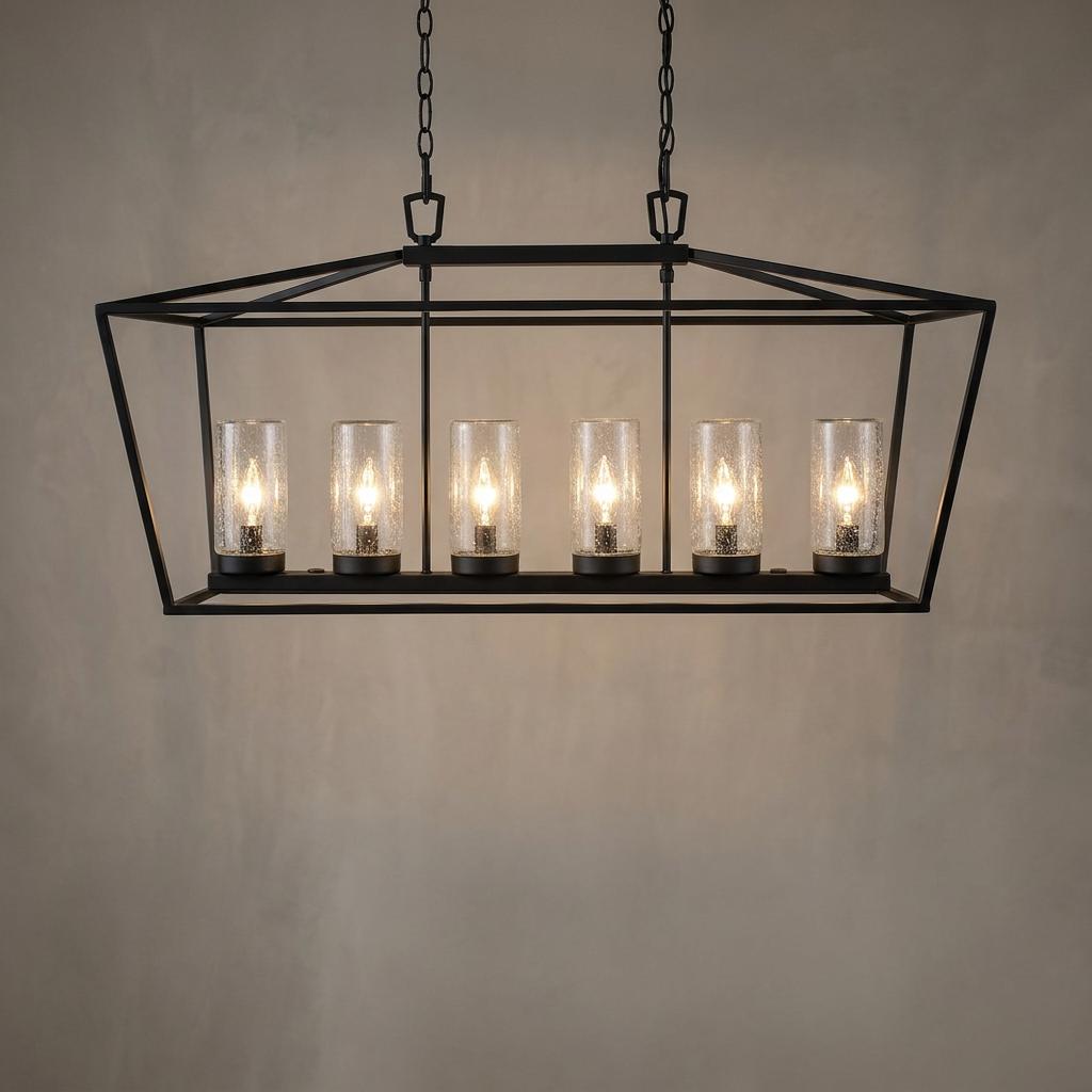 A six-light linear outdoor pendant featuring a black open-cage frame and cylindrical seeded glass shades.