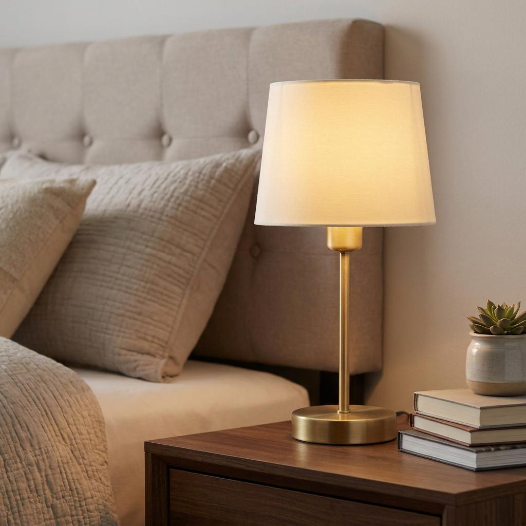 Small brass table lamp with cream shade illuminating a dark wood nightstand next to a bed with a neutral headboard.