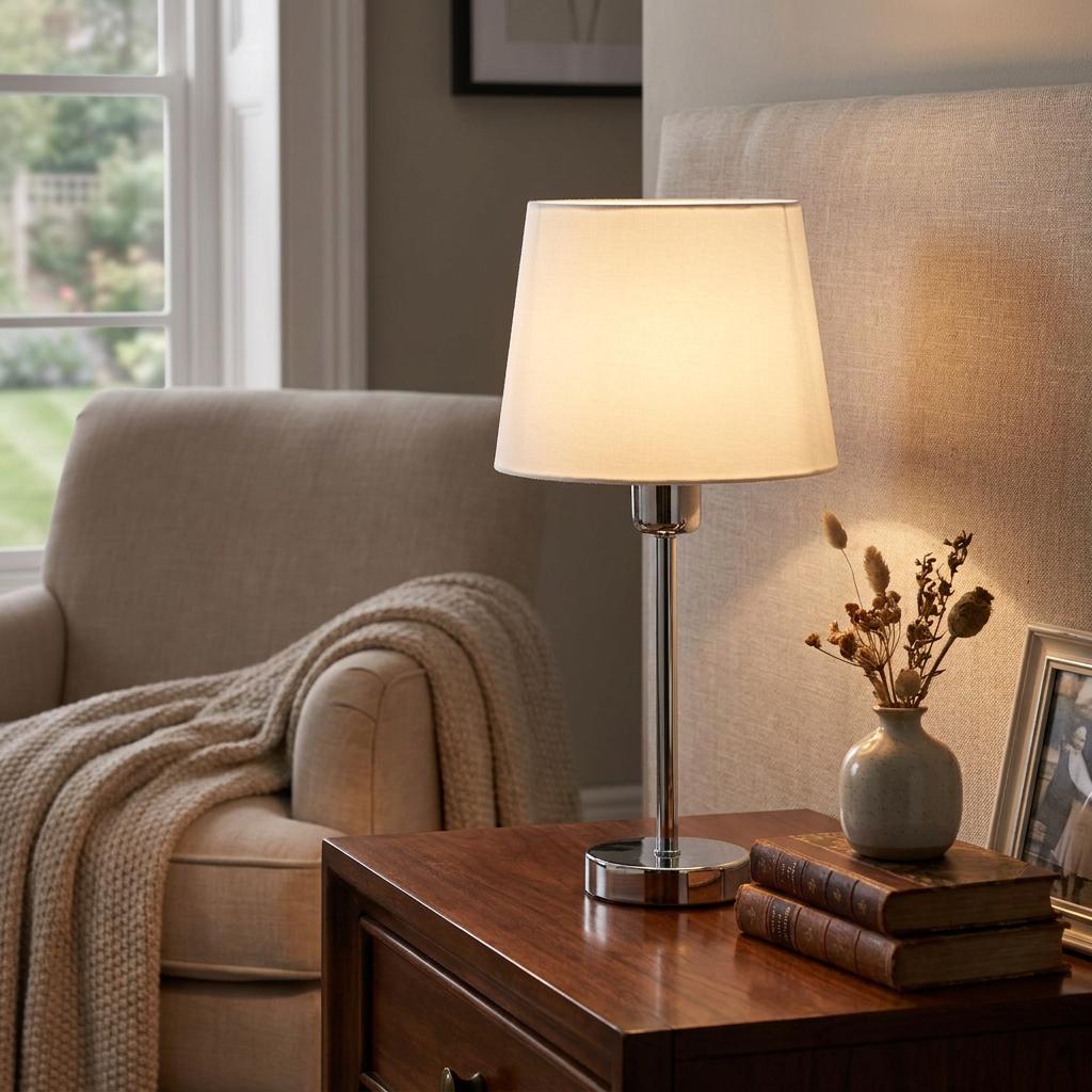 Alina small chrome table lamp with an illuminated white shade on a wooden bedside table.
