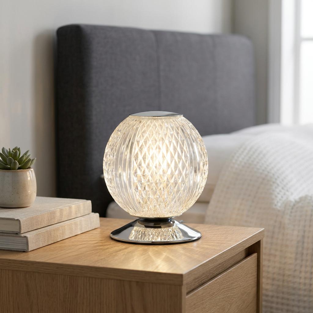 An illuminated spherical table lamp with a faceted shade on a wooden bedside table.