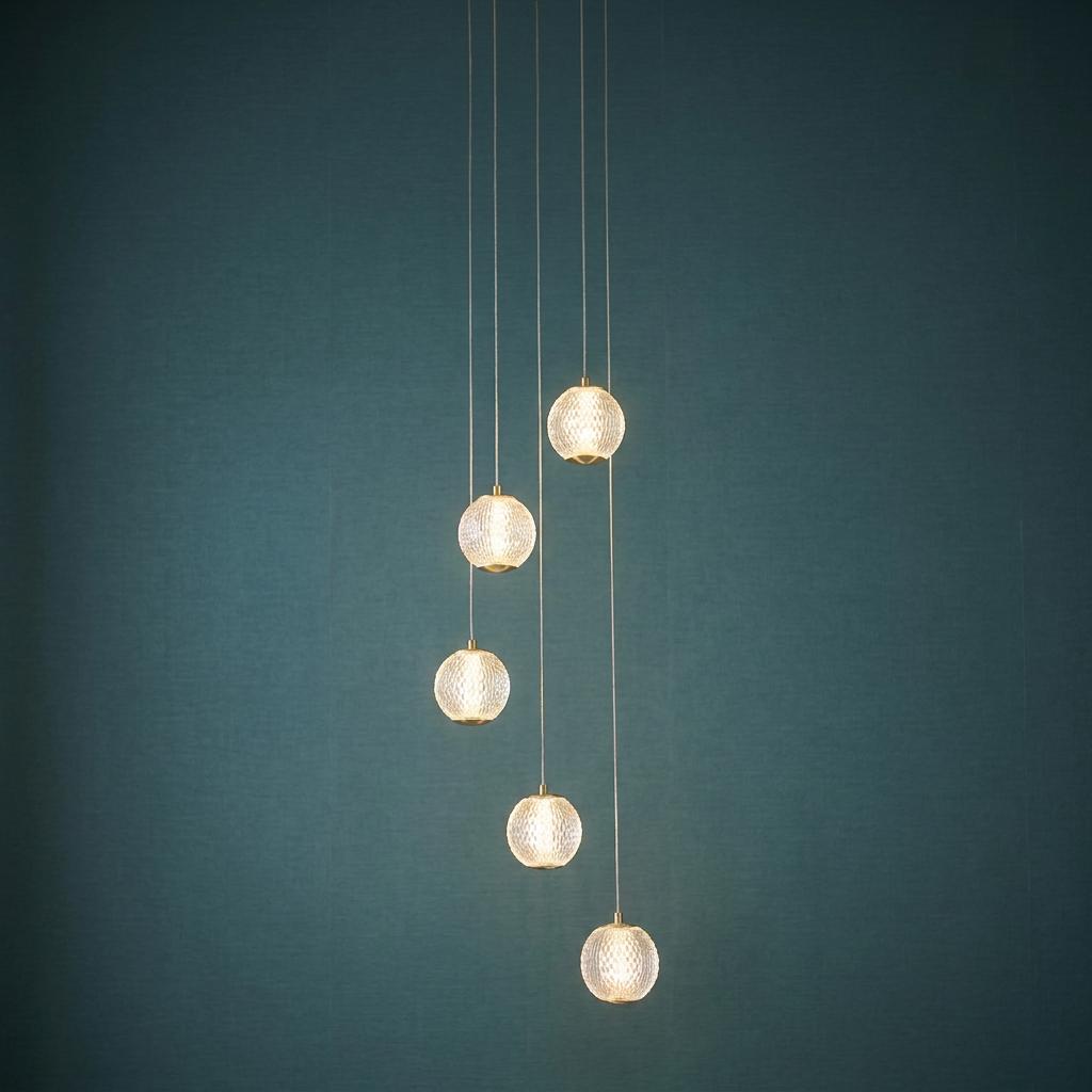 Five staggered clear acrylic globe pendants with brass accents glow against a dark teal wall.