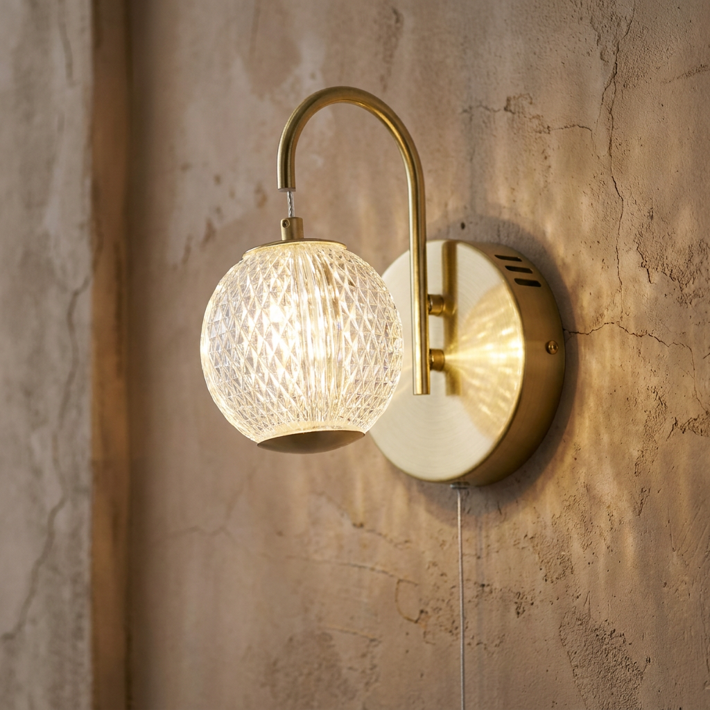 Satin brass wall light with a glowing diamond-patterned acrylic globe shade on a textured plaster wall.