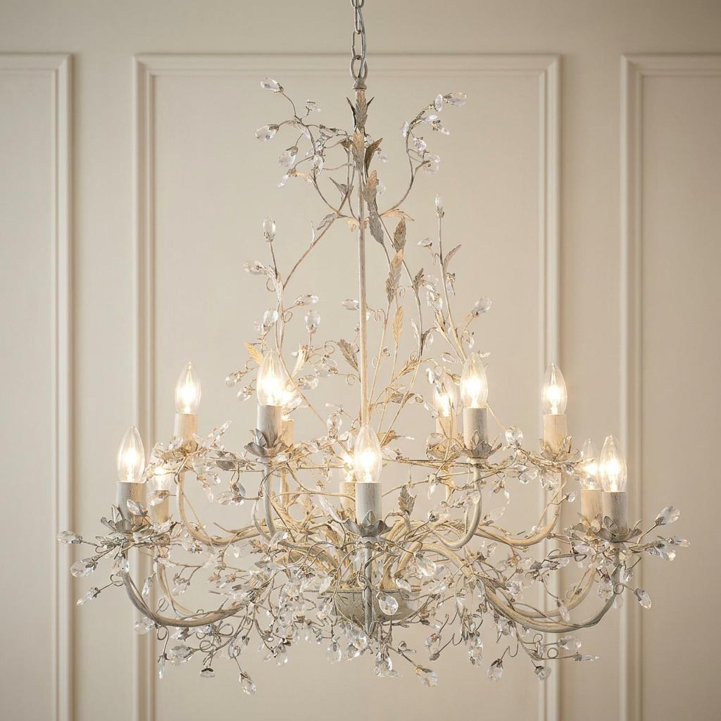 Elegant Almandite 12-light chandelier in cream gold with ornate leafy branches and crystal buds.