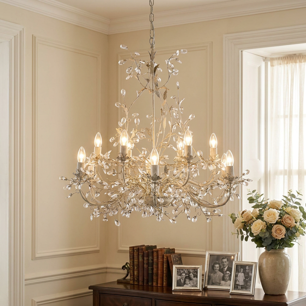 Almandite 12-light cream gold chandelier with crystal leaf accents in an elegant paneled room.
