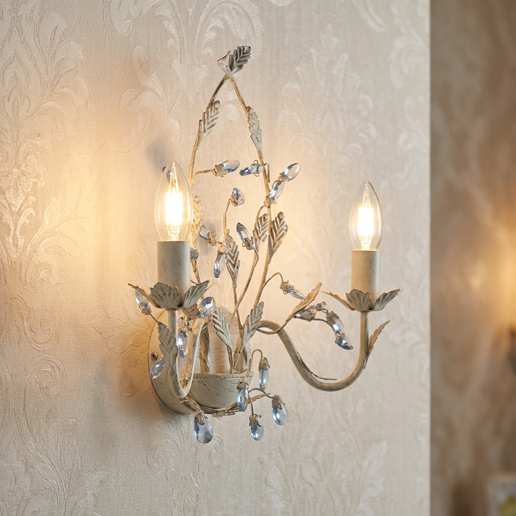 Almandite cream gold wall light with two glowing bulbs and crystal leaf accents on patterned wallpaper.