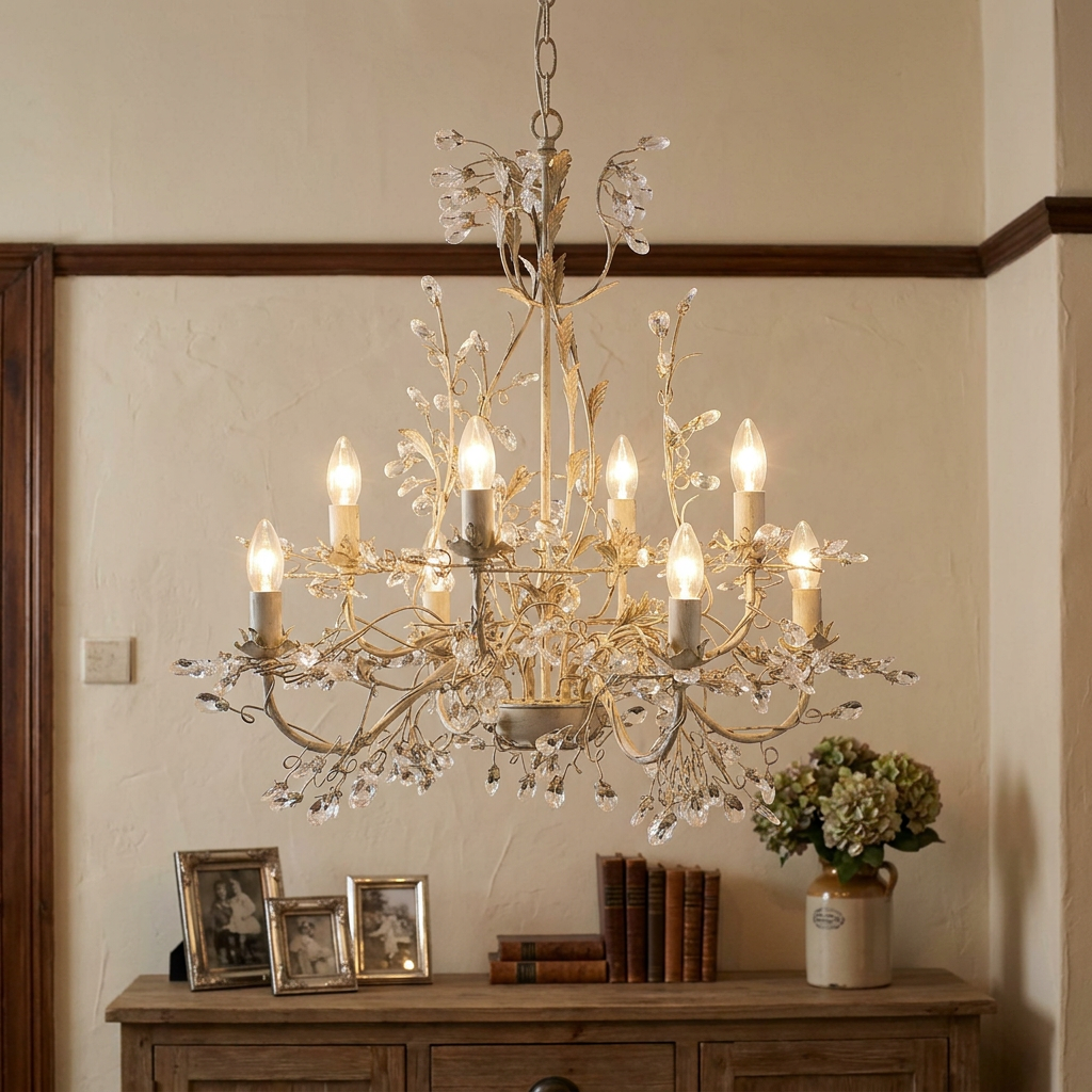 Ornate Almandite 8 light cream gold chandelier with crystal leaf details hanging over a wooden sideboard.
