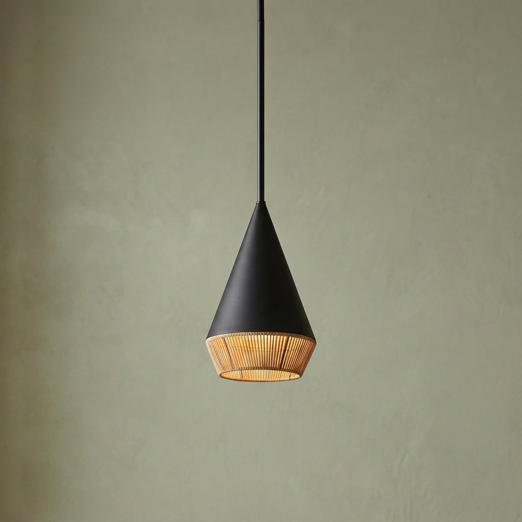 Black cone pendant light with a slatted rattan bottom glowing against a sage green background.