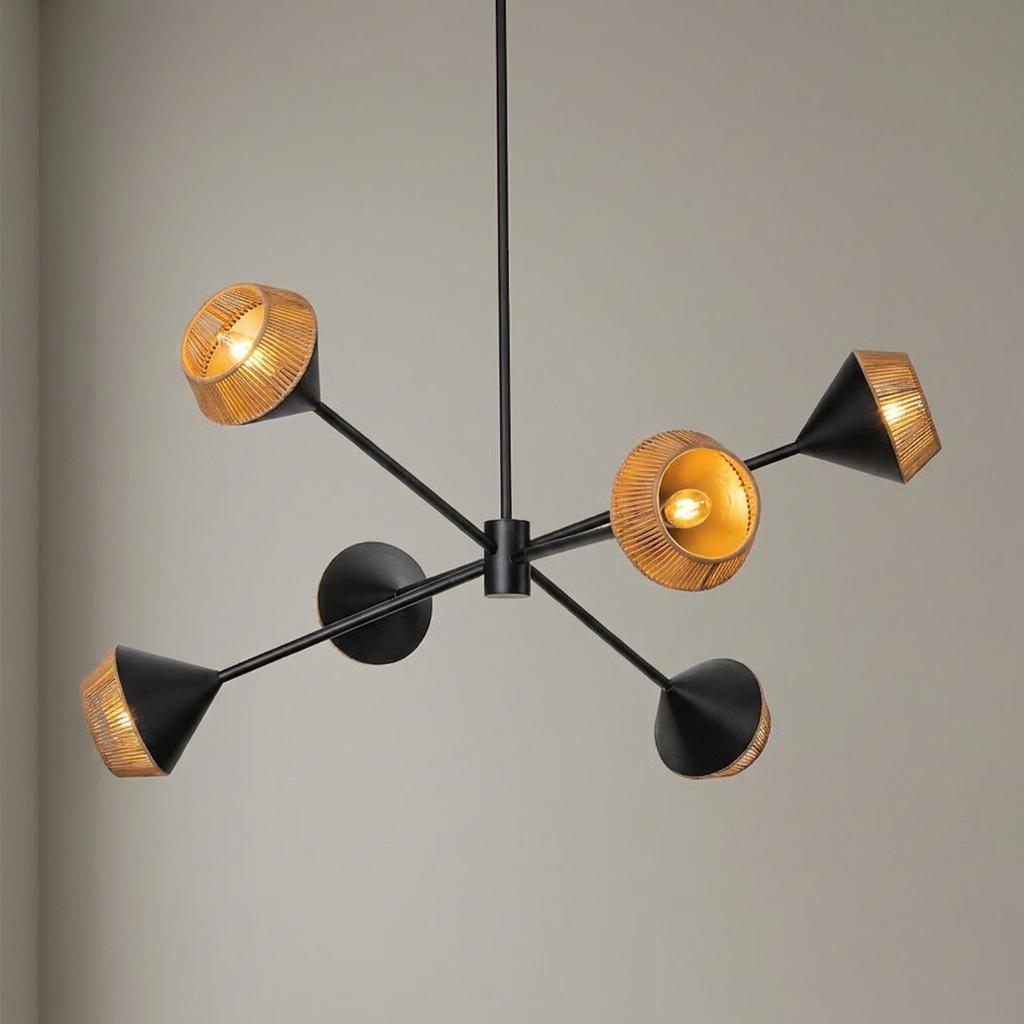 Modern black six-light chandelier with textured cone shades arranged in a geometric spoked design.
